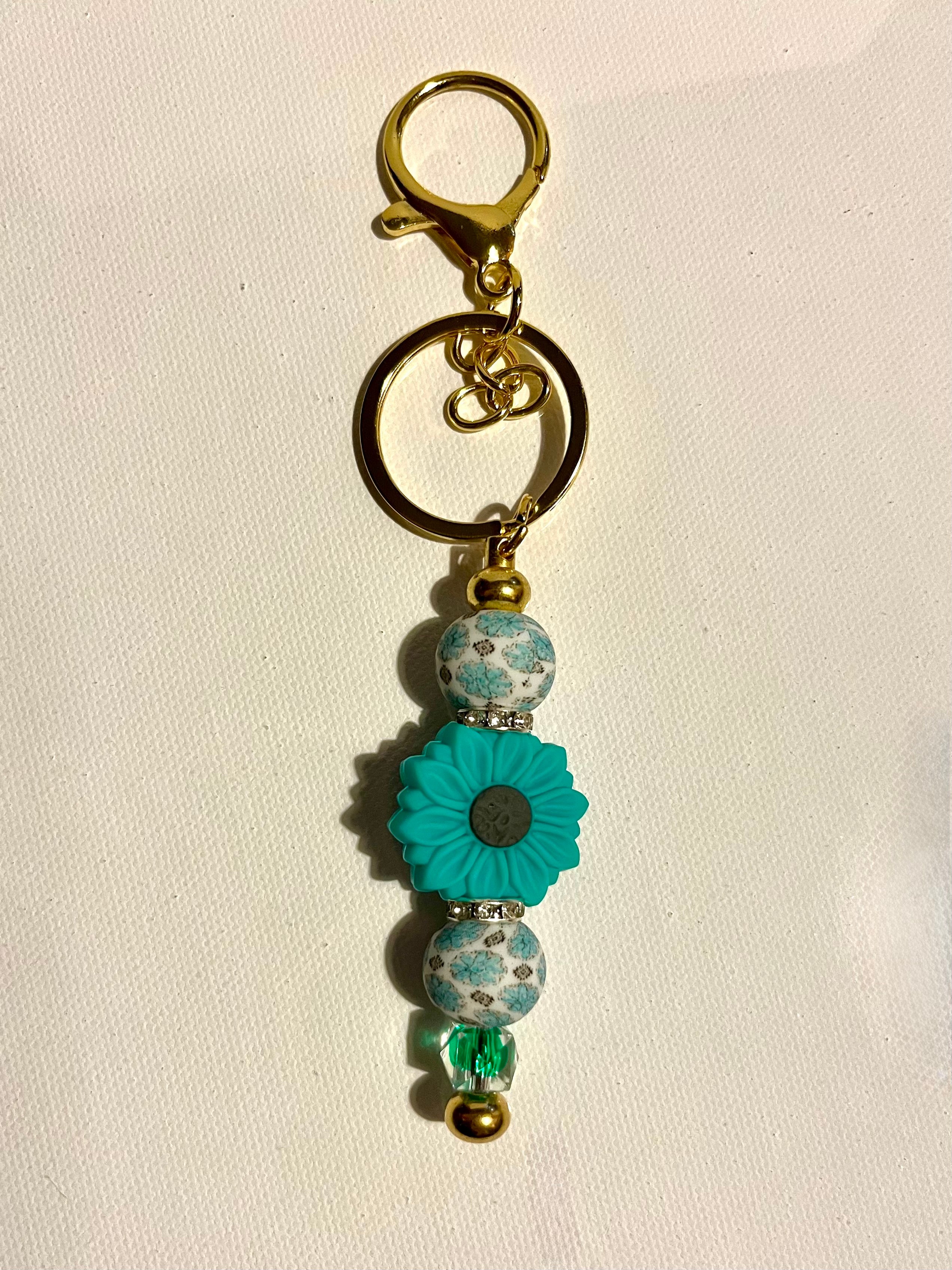 Teal Flower Beaded Gold-Tone Keyring