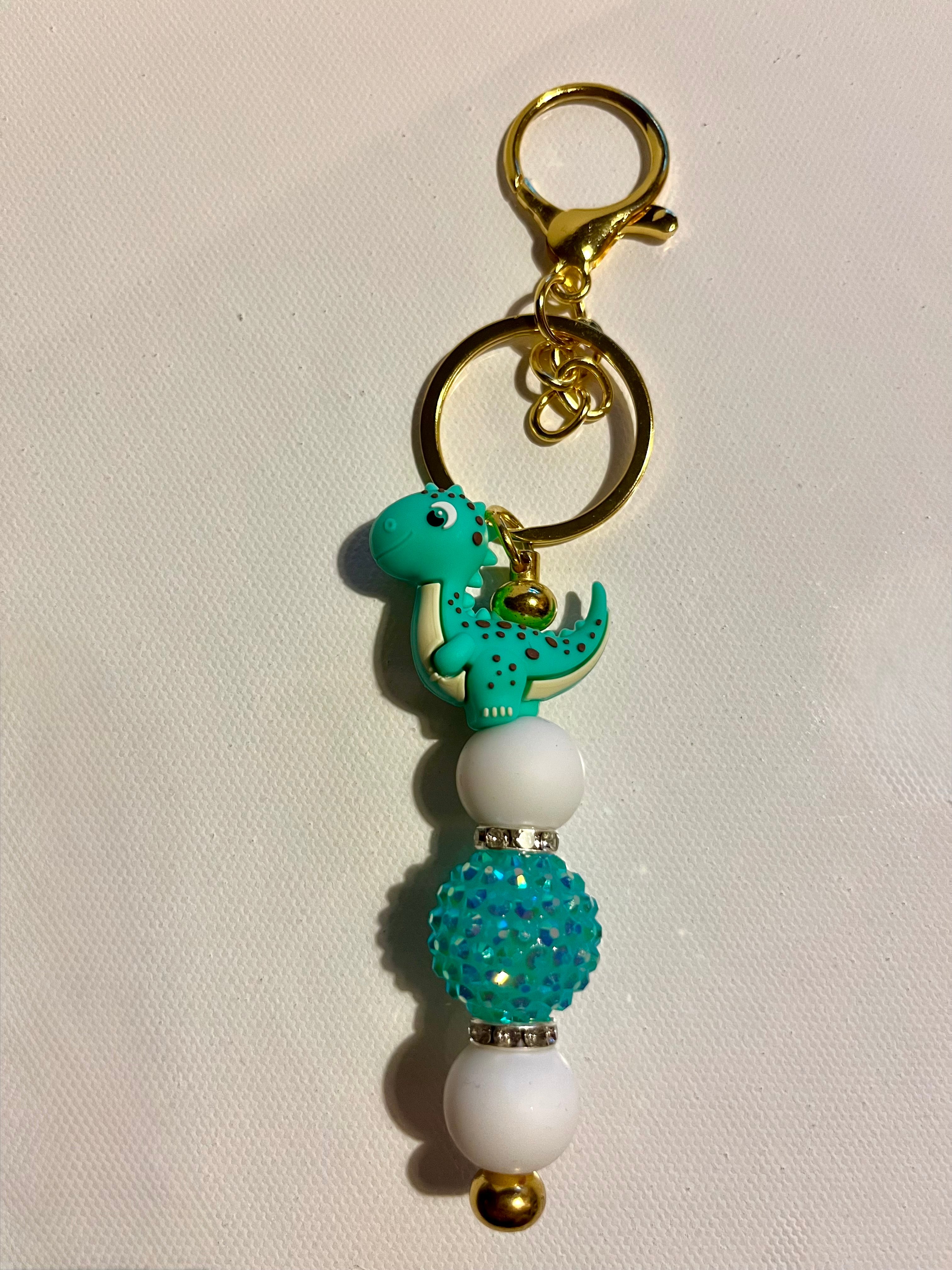 Cute Teal Dinosaur Beaded Keychain with Gold Hardware