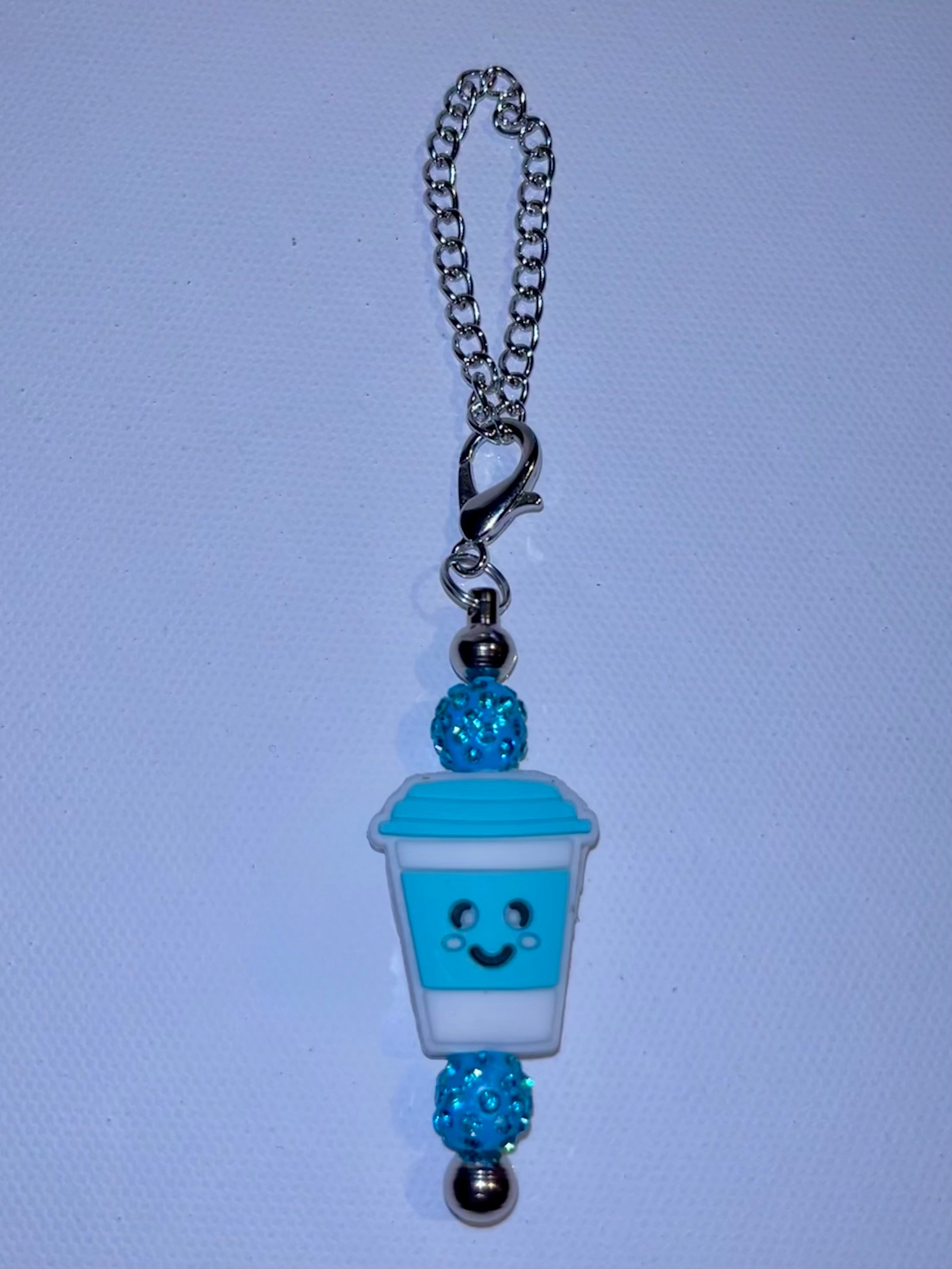 Cute Blue Coffee Cup Charm with Sparkly Accents Keychain