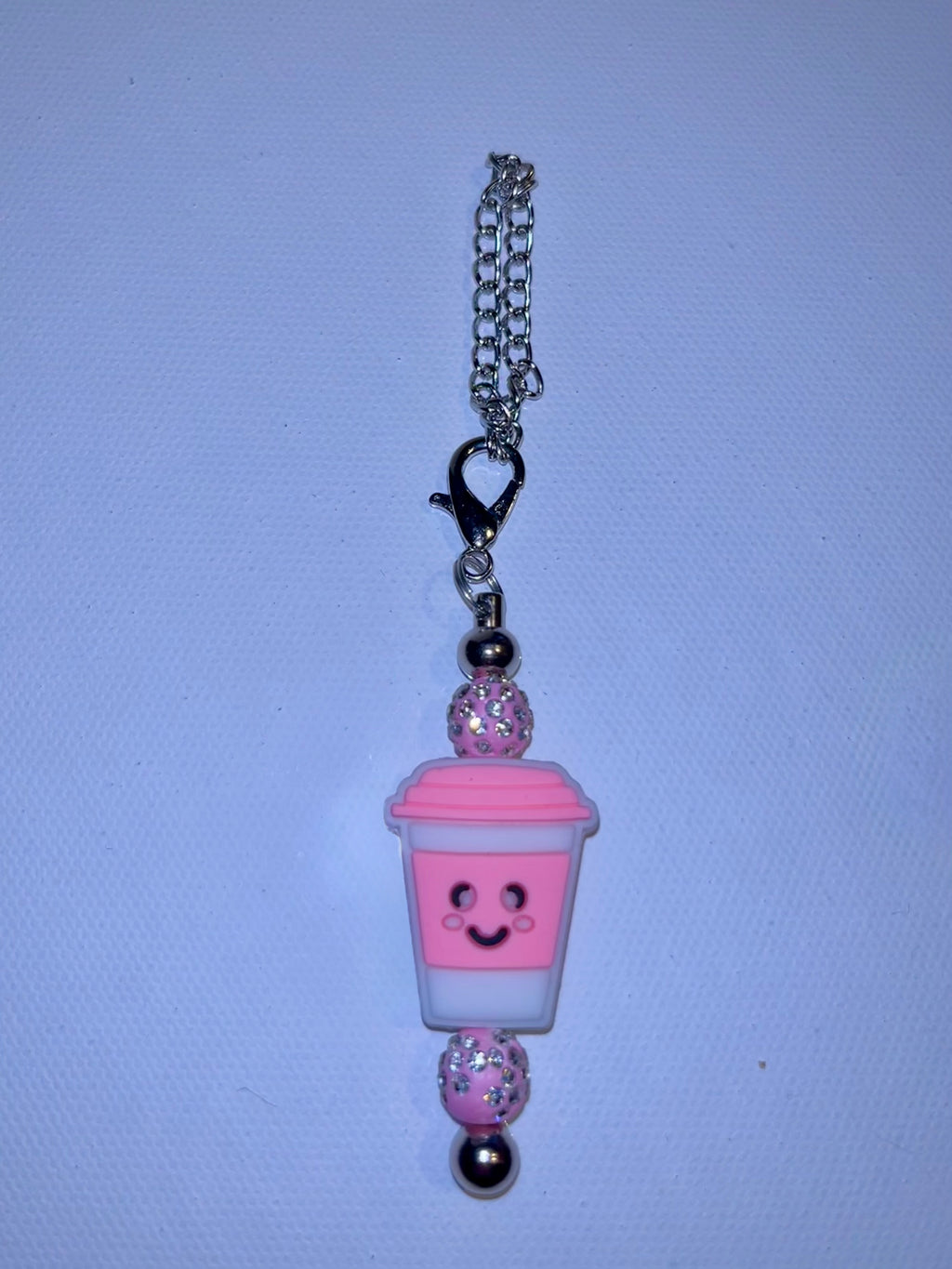 Cute Pink Smiling Coffee Cup Charm with Sparkly Accents Keychain
