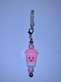 Cute Pink Smiling Coffee Cup Charm with Sparkly Accents Keychain