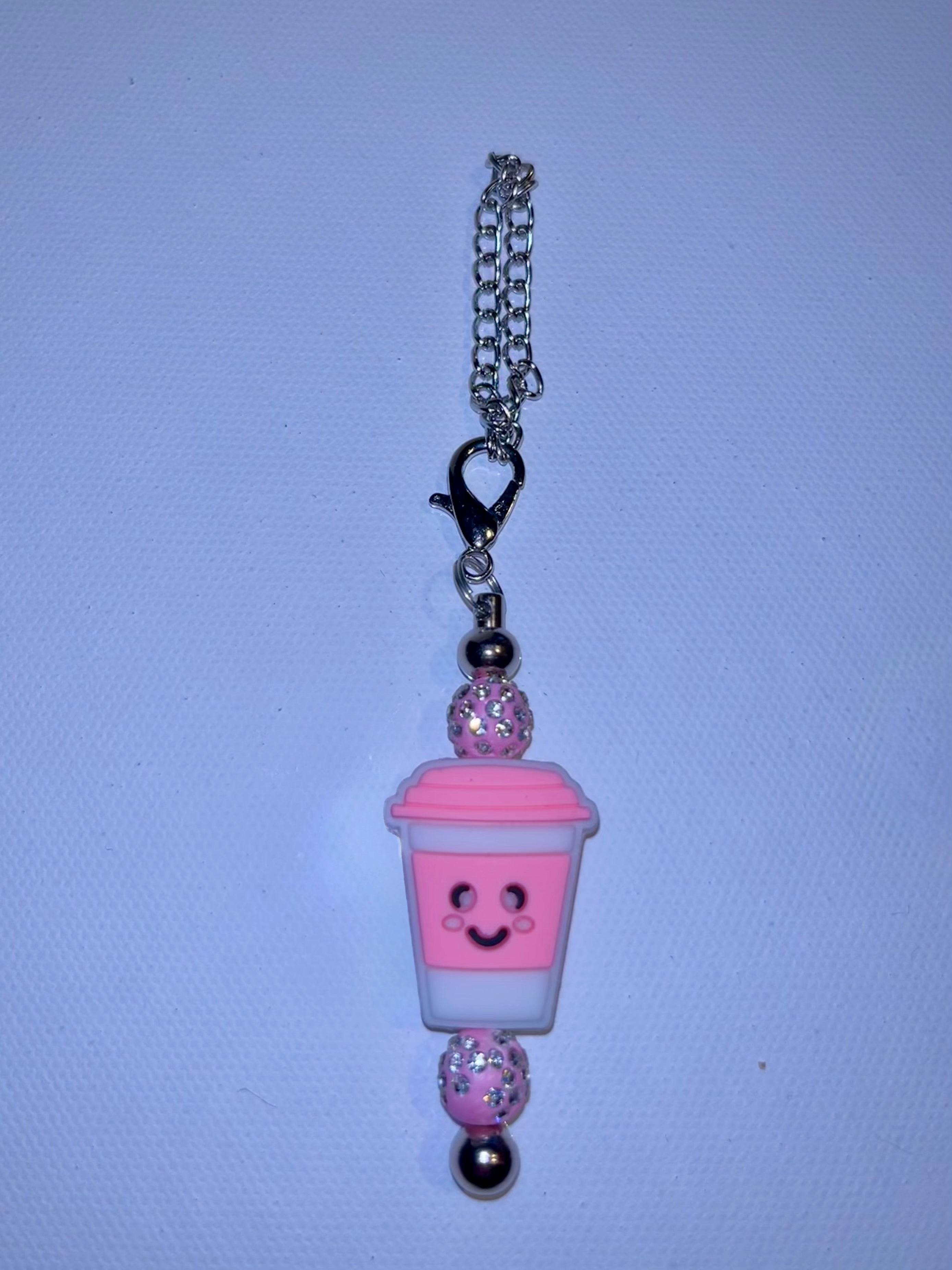 Cute Pink Smiling Coffee Cup Charm with Sparkly Accents Keychain