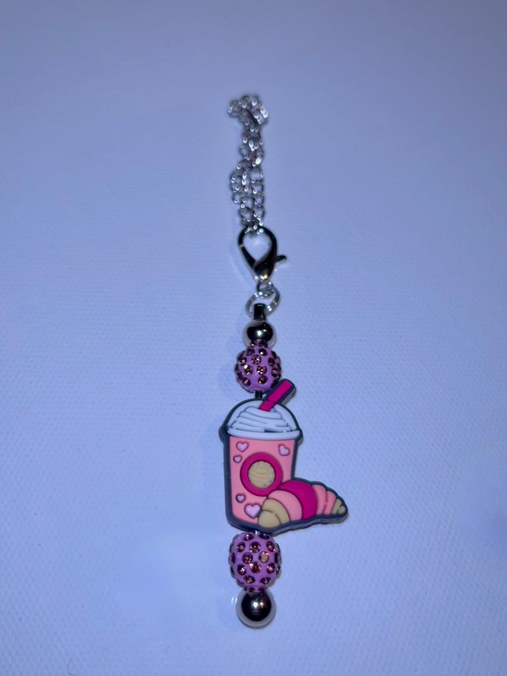 Pink Frapp w/Croissant Cup Charm with Sparkly Accents Keychain