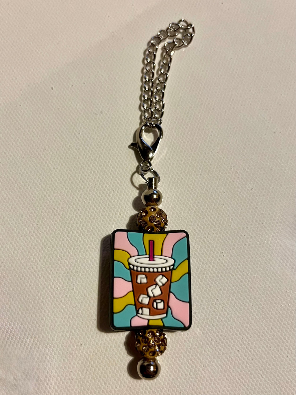 Silver Chain Drink/Tea Cup Charm Keychain with Pink & Blue Sparkly Accents