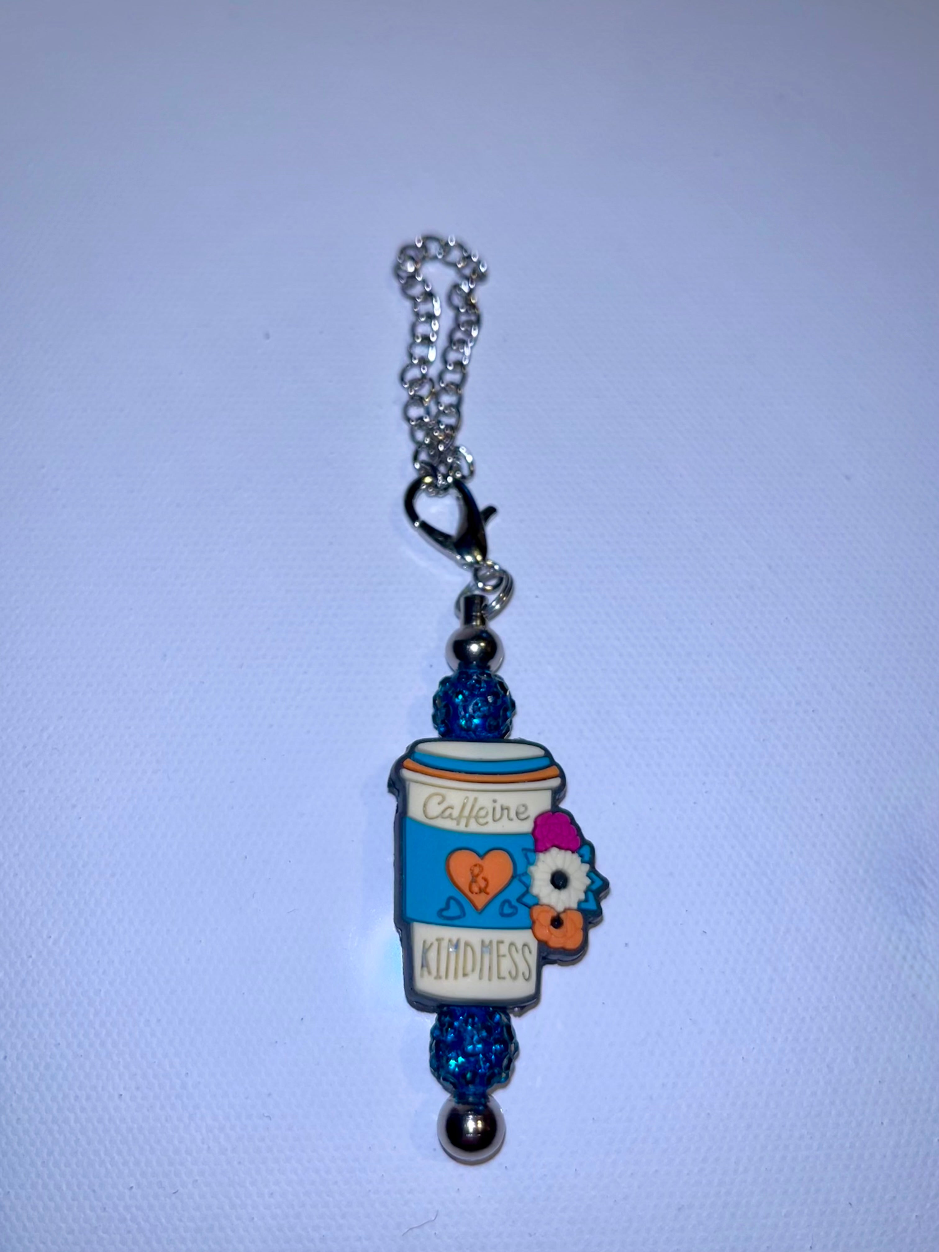 Blue 'Caffeine & Kindness' Coffee Cup Pendant Cup Charm Keychain