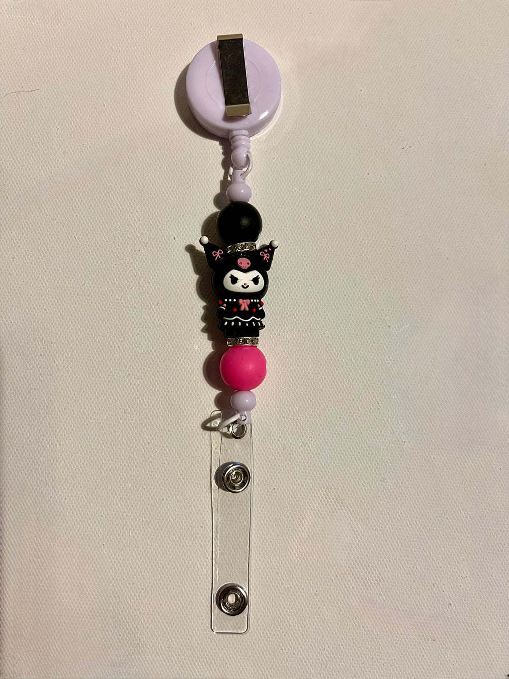 Kuromi Character Badge Reel with Black, Pink & Sparkly Accents