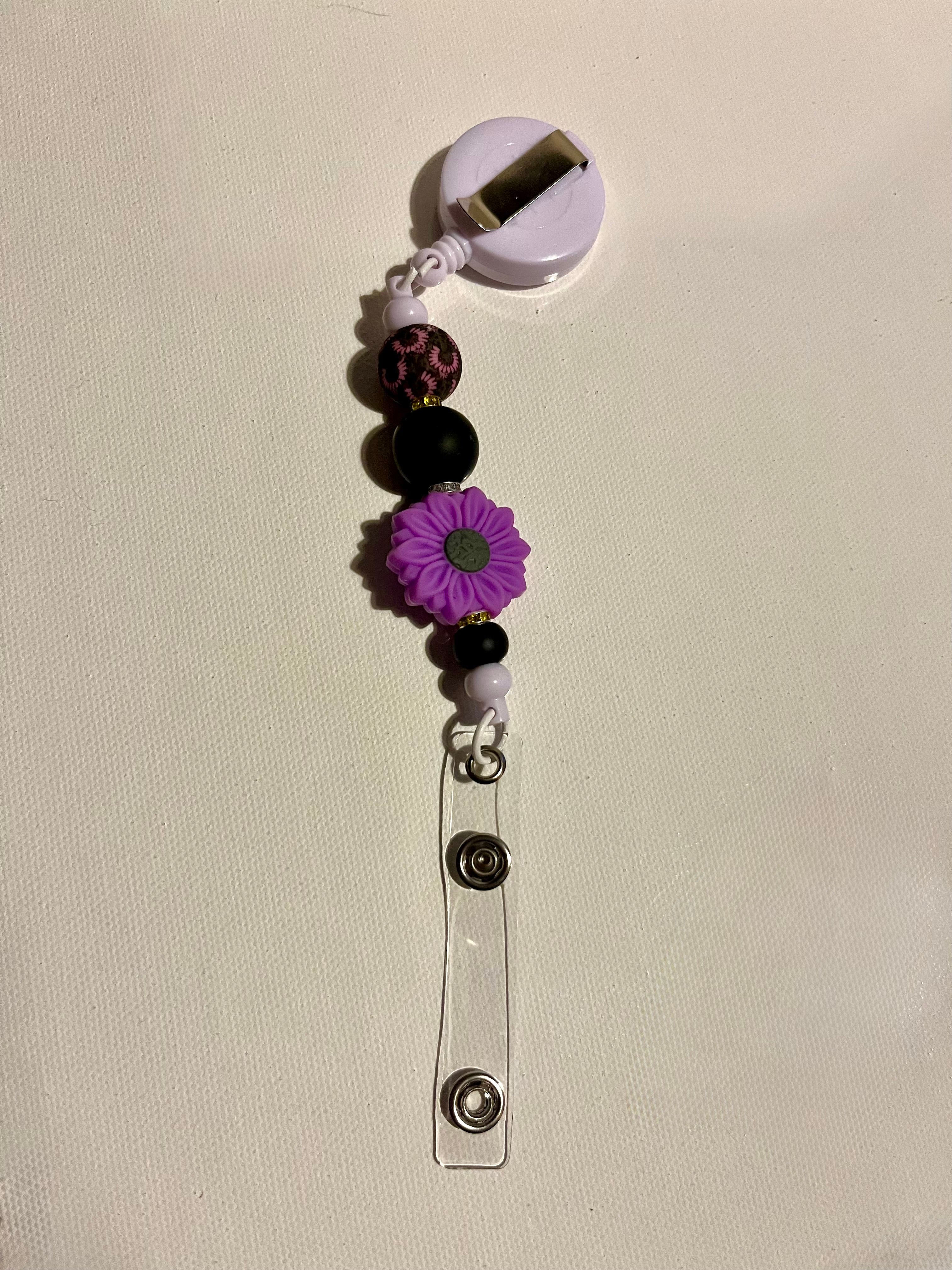 Purple Floral Beaded Badge Reel