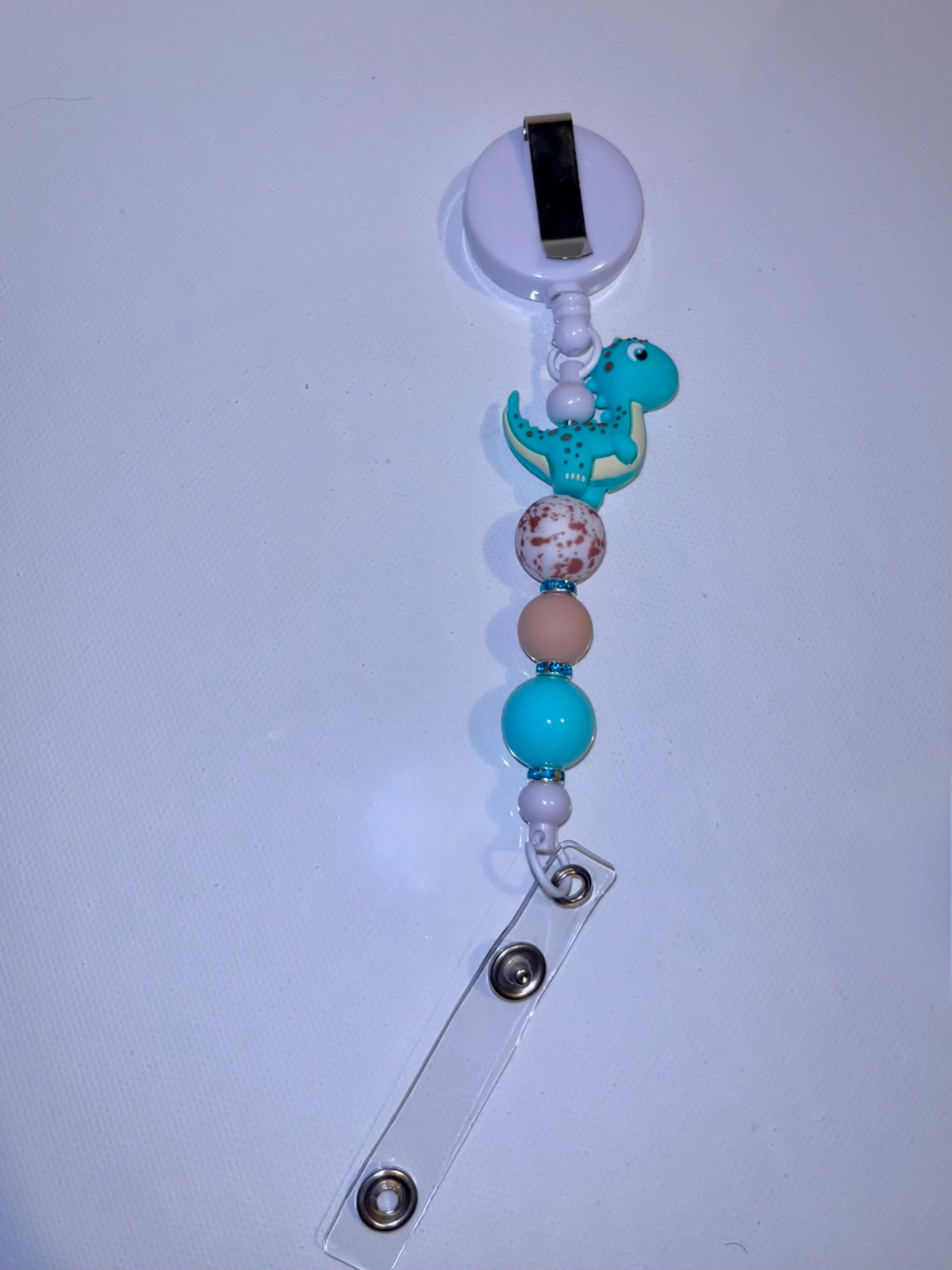 Cute Teal Dinosaur Beaded Keychain with Gold Hardware