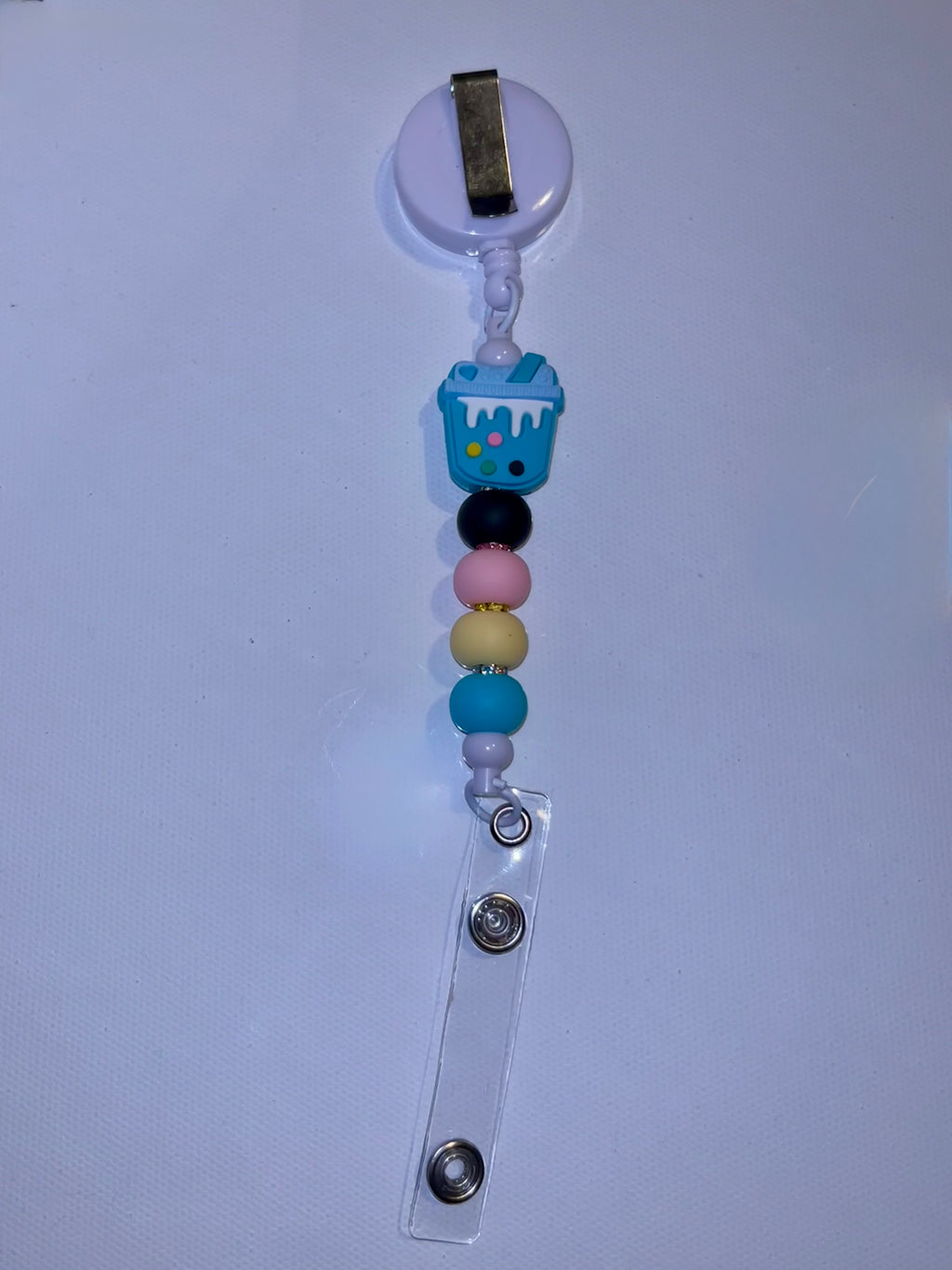 Cute Pastel Beaded Badge Reel with Bubble Tea Charm