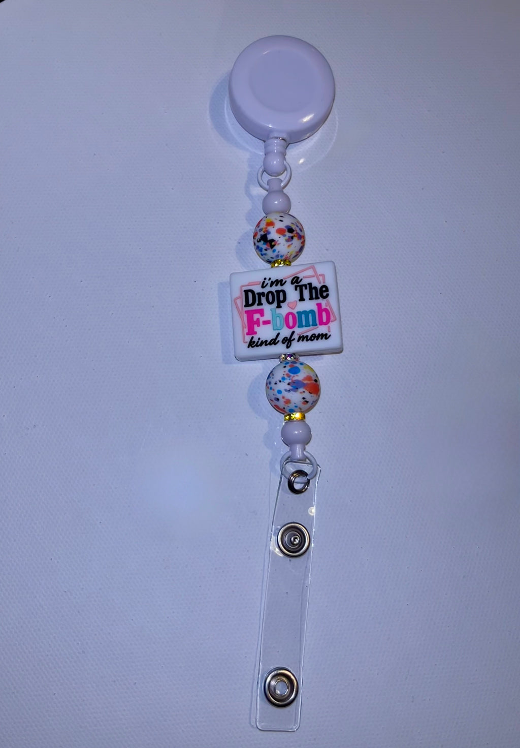 White Beaded Badge Reel - "Drop The F-bomb" Mom Design