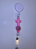 Pink Jesus Cross Badge Reel with Beaded Accent