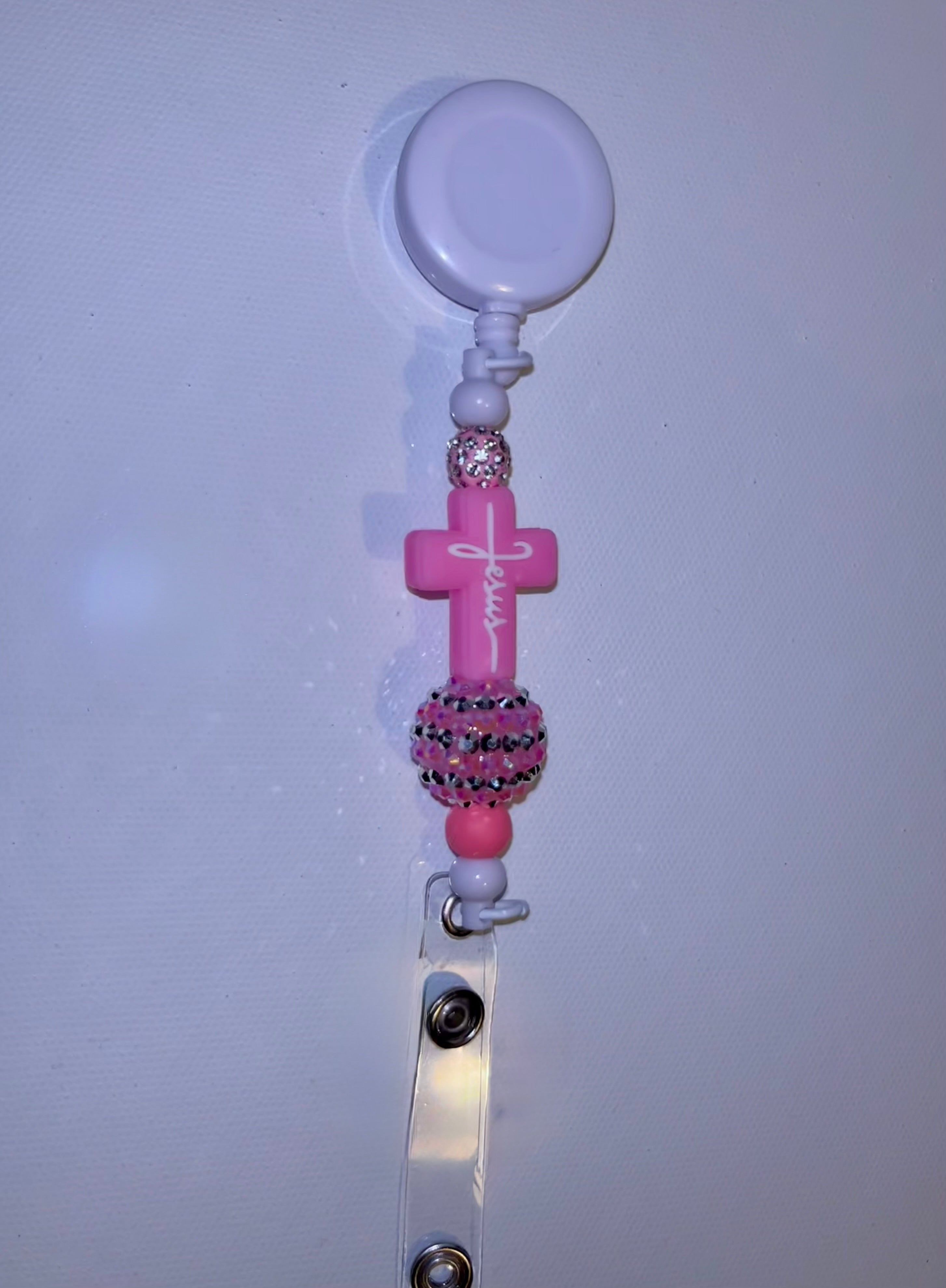 Pink Jesus Cross Badge Reel with Beaded Accent