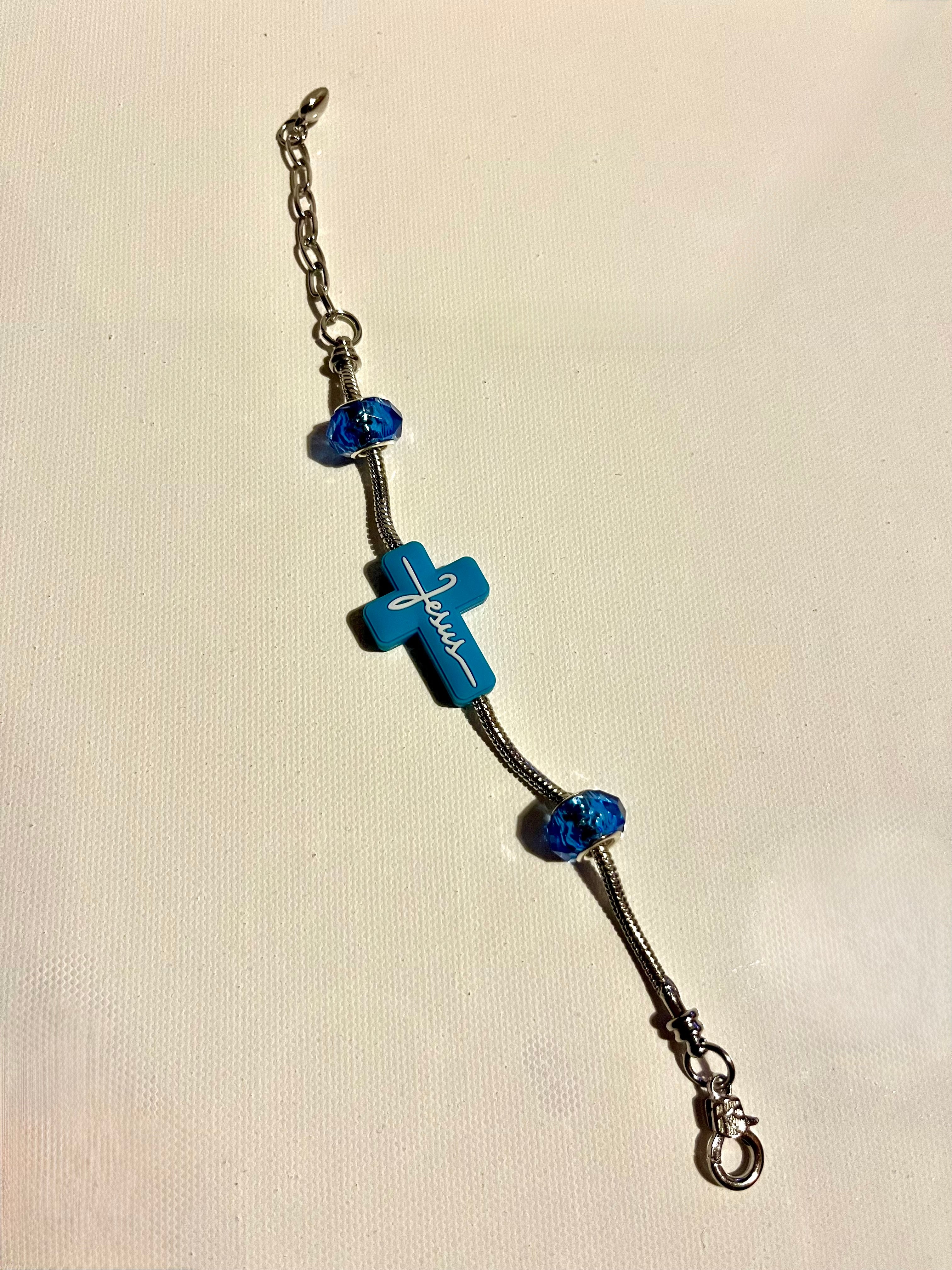 Blue Faith Cross Bracelet with Crystal Beads