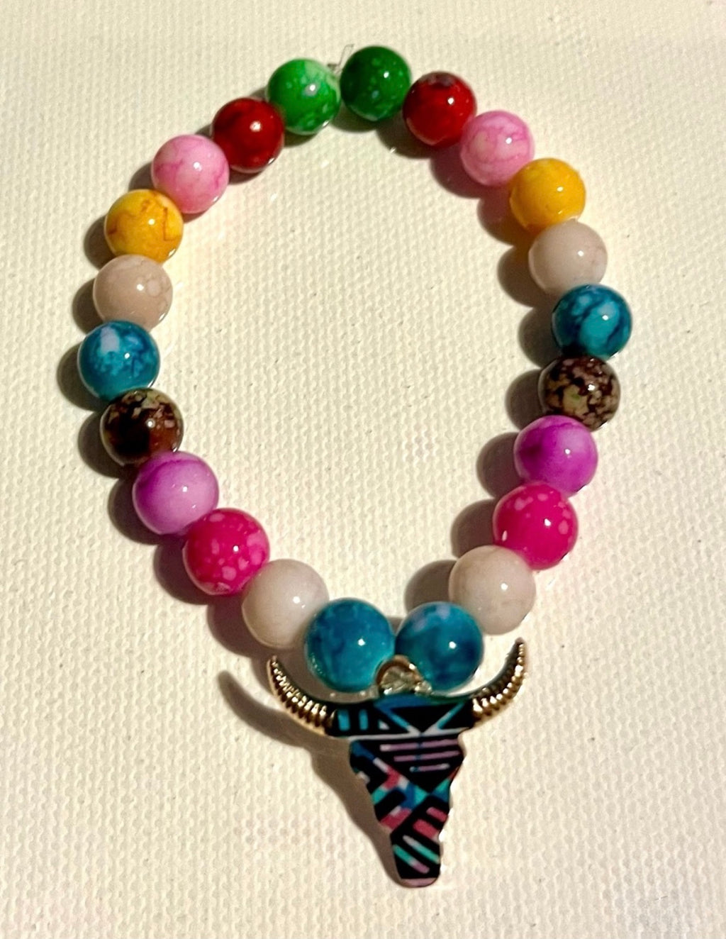 Multicolor Beaded Bracelet with Bull Pendant