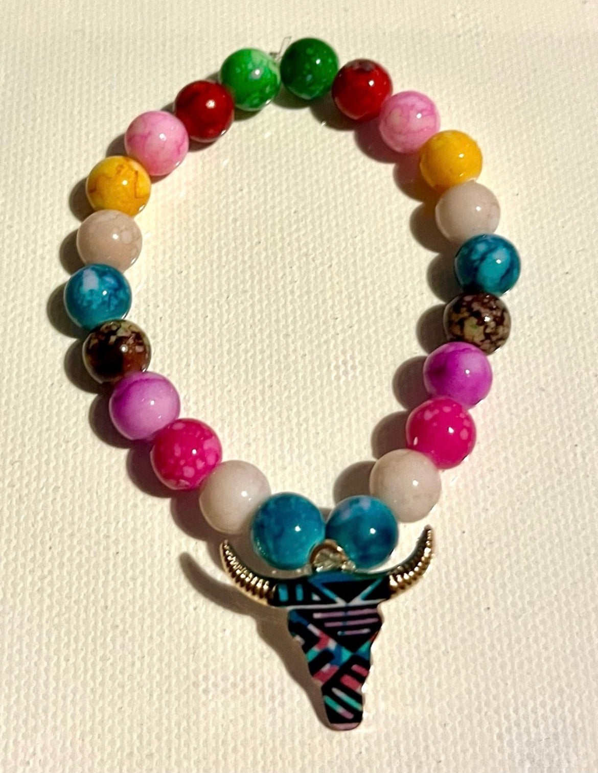 Multicolor Beaded Bracelet with Bull Pendant