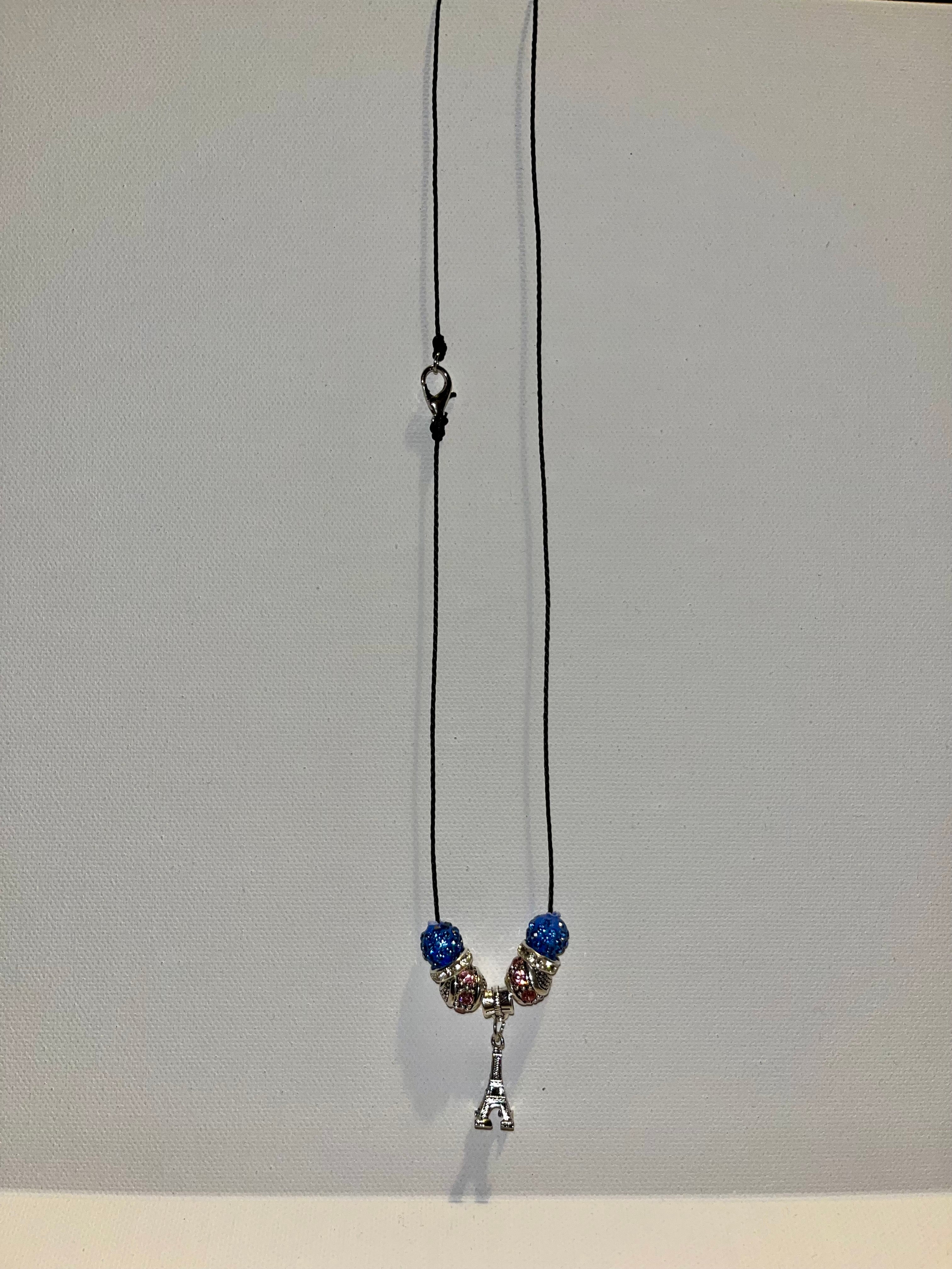 Eiffel Tower Charm Necklace with Blue and Multicolor Beads