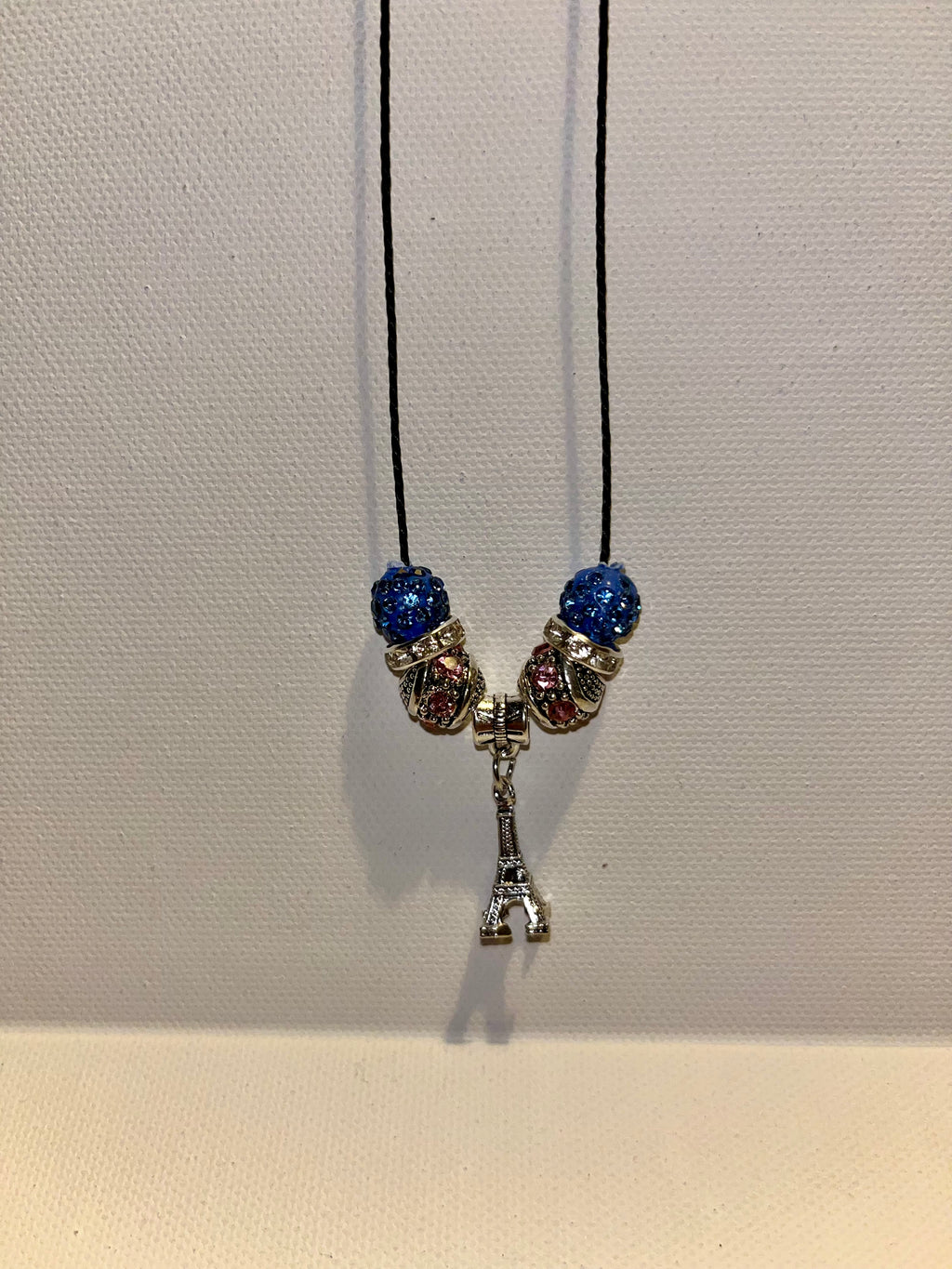 Eiffel Tower Charm Necklace with Blue and Multicolor Beads