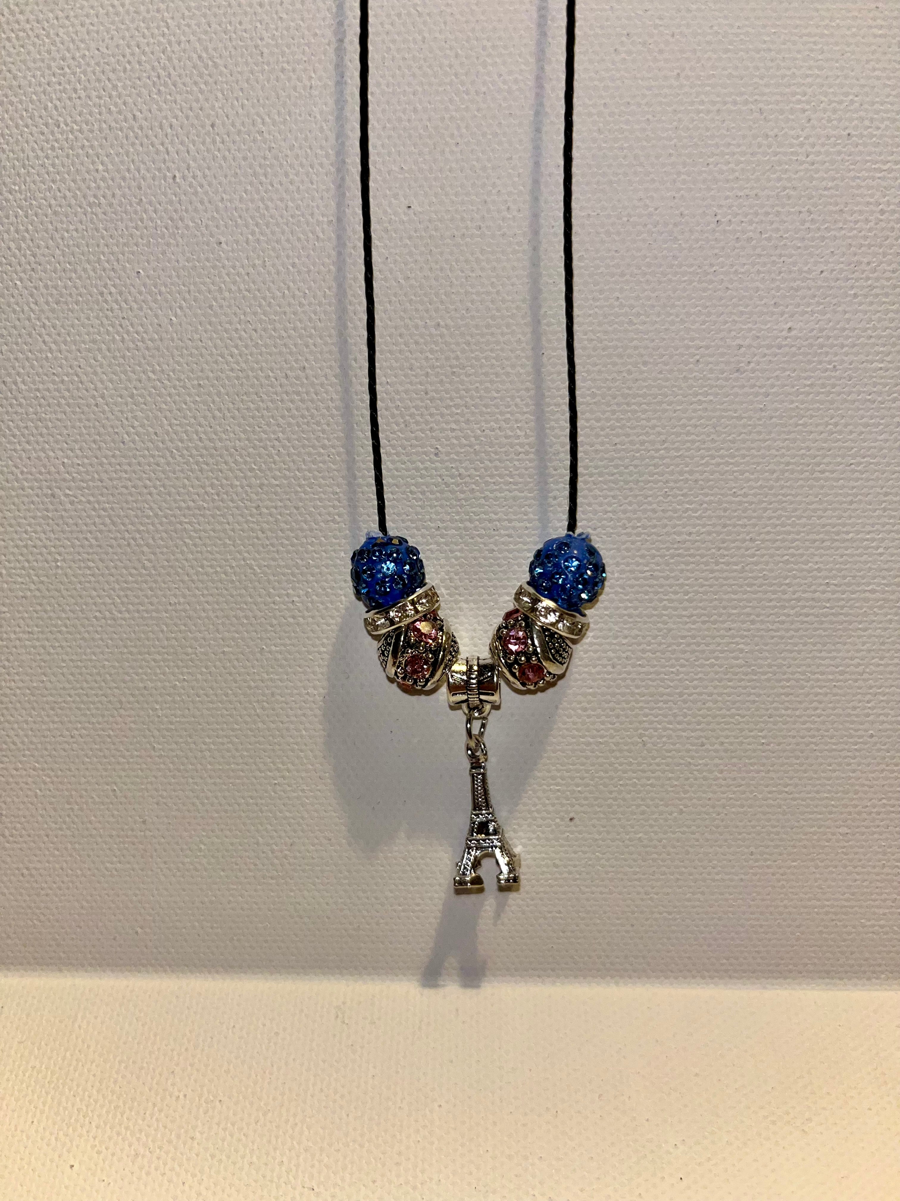 Eiffel Tower Charm Necklace with Blue and Multicolor Beads