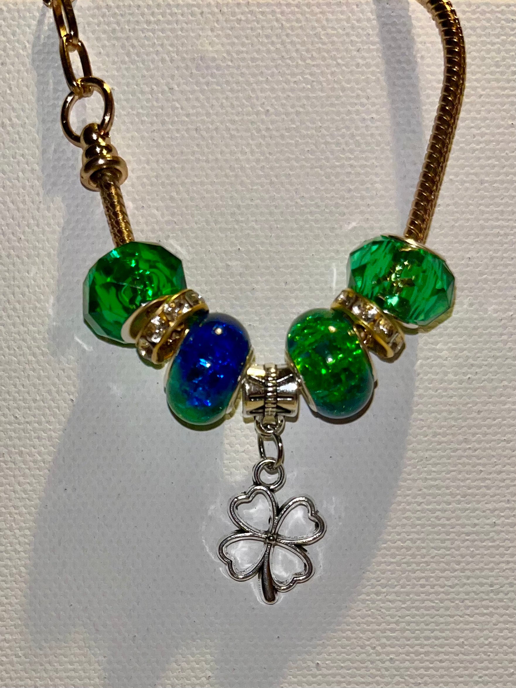 Gold-Tone Snake Chain Bracelet w/Green/Blue/Rhinestone Accents & Clover Charm