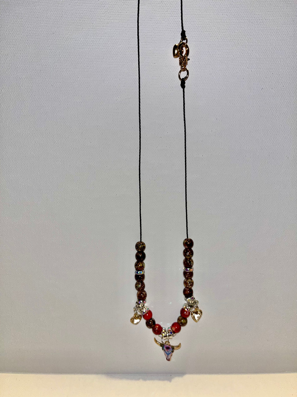 Red & Brown Beaded Bull Skull Pendant Necklace w/Rhinestone Hearts & Accents