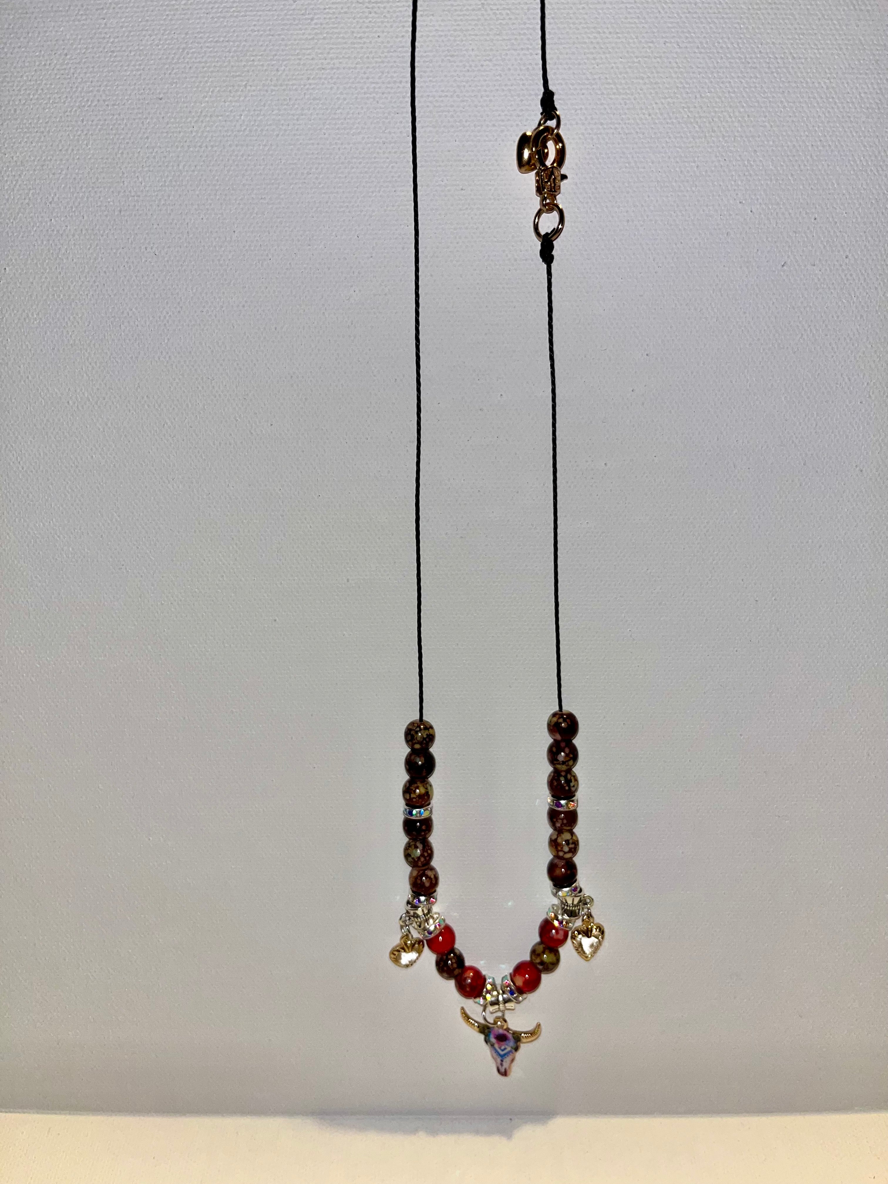 Red & Brown Beaded Bull Skull Pendant Necklace w/Rhinestone Hearts & Accents