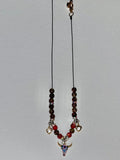 Red & Brown Beaded Bull Skull Pendant Necklace w/Rhinestone Hearts & Accents
