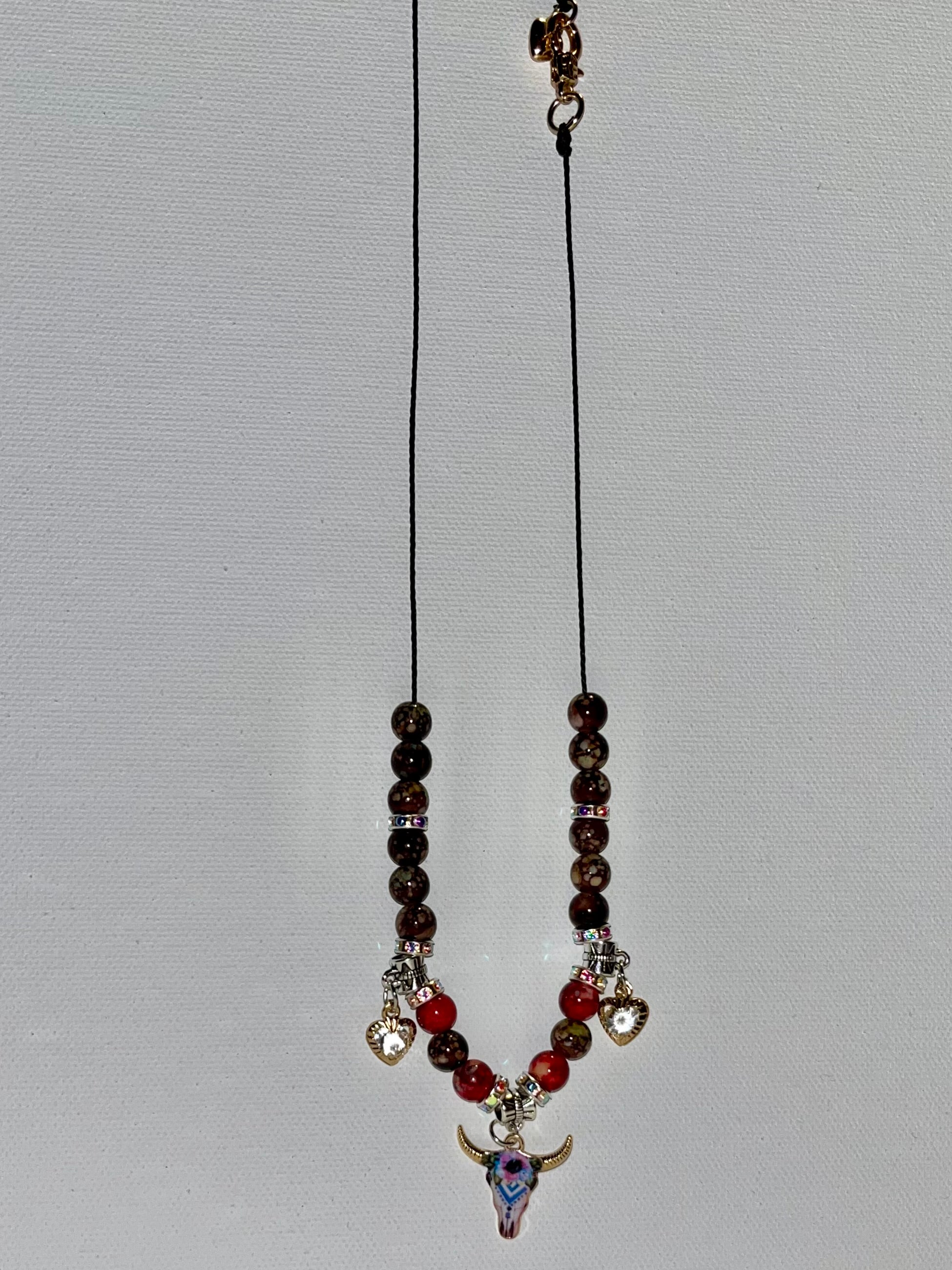 Red & Brown Beaded Bull Skull Pendant Necklace w/Rhinestone Hearts & Accents