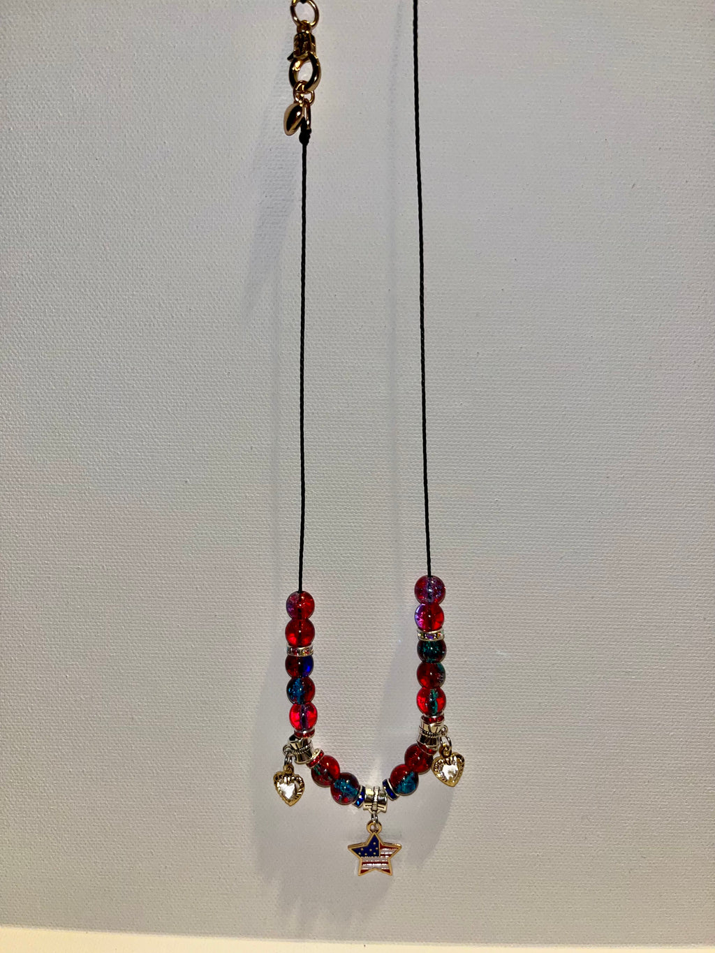 Patriotic Red/Blue Necklace w/Star Pendant, Heart Charms & Rhinestone Accents
