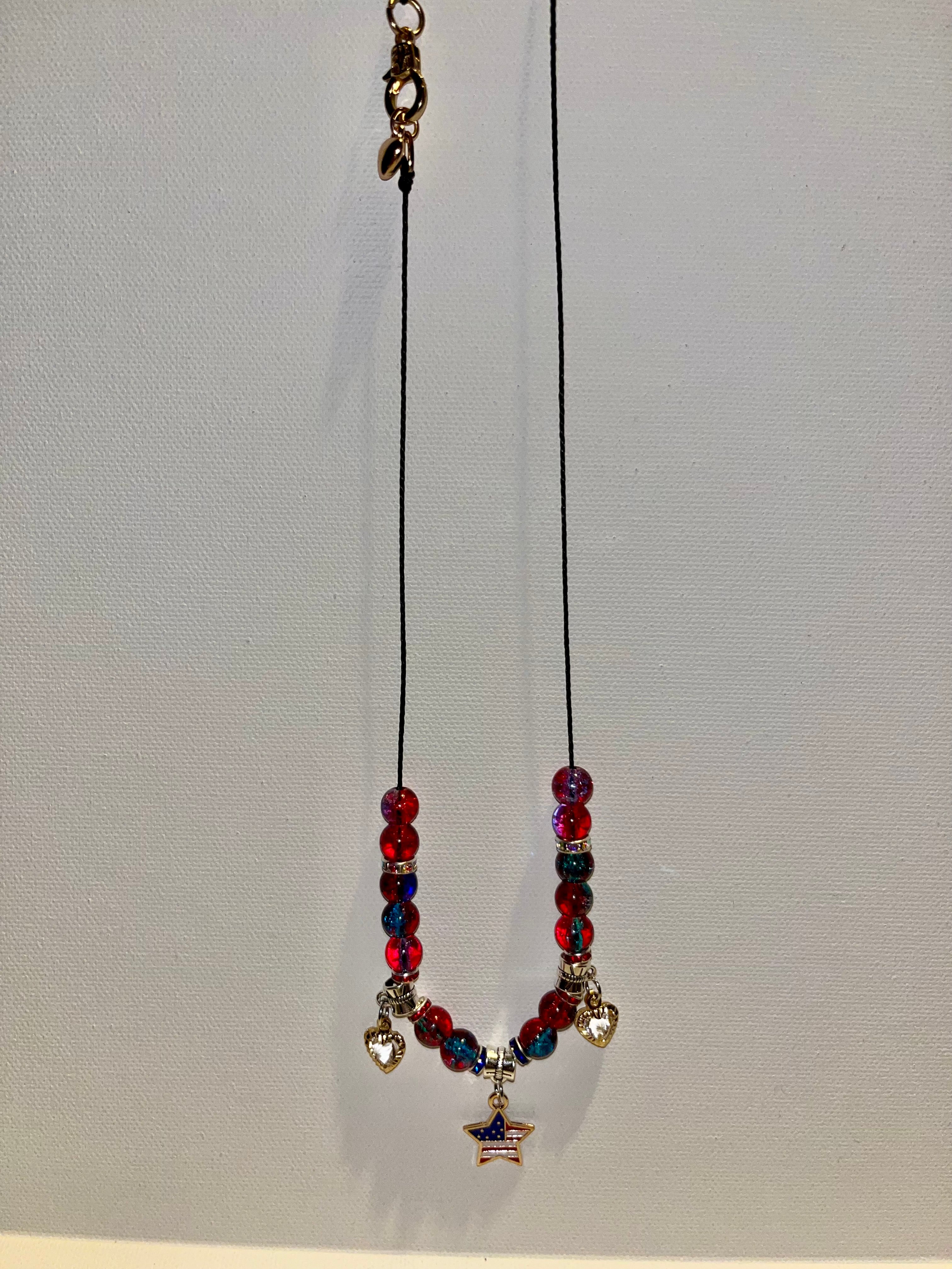 Patriotic Red/Blue Necklace w/Star Pendant, Heart Charms & Rhinestone Accents