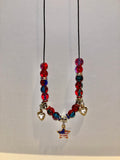 Patriotic Red/Blue Necklace w/Star Pendant, Heart Charms & Rhinestone Accents