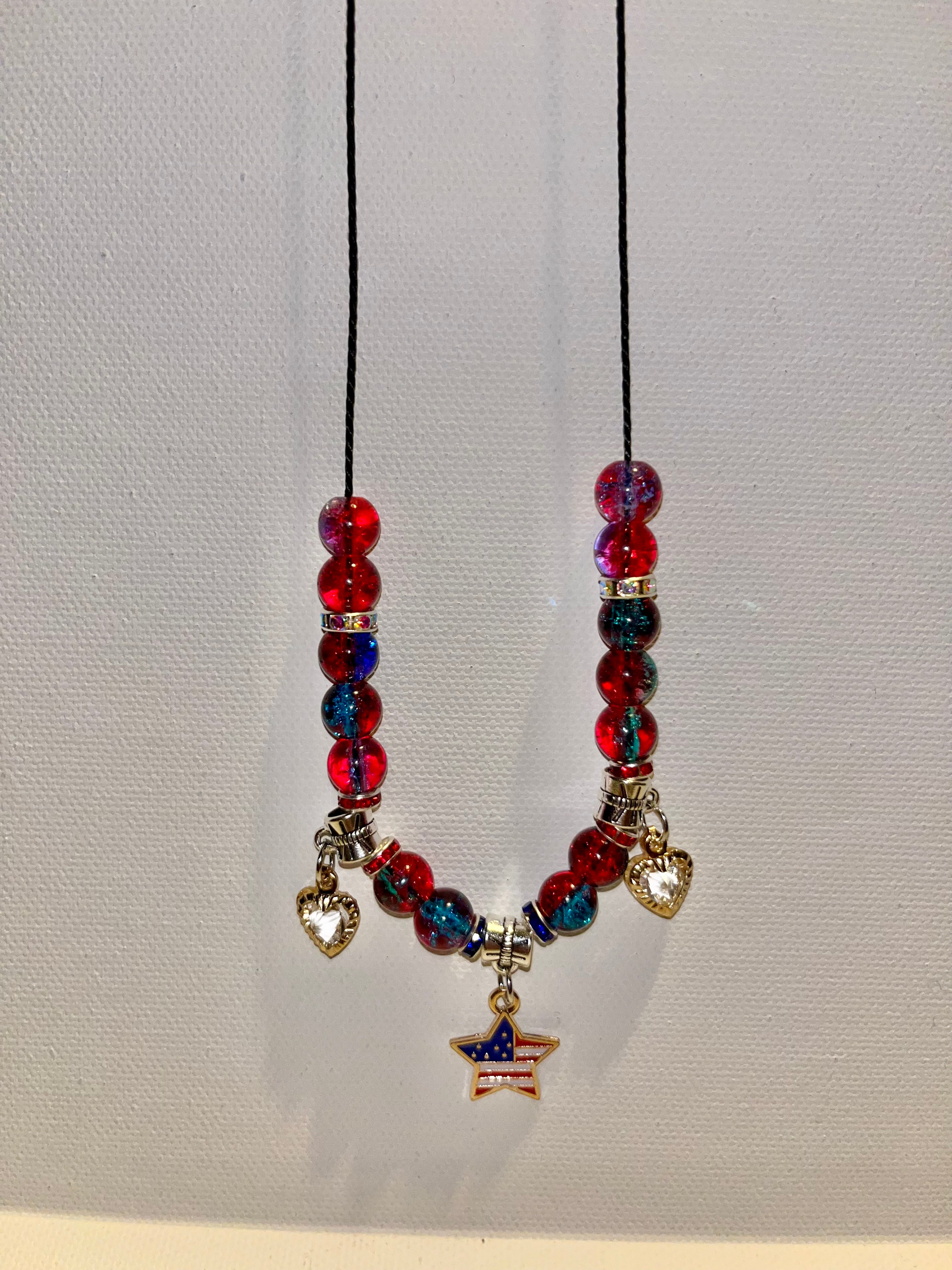 Patriotic Red/Blue Necklace w/Star Pendant, Heart Charms & Rhinestone Accents