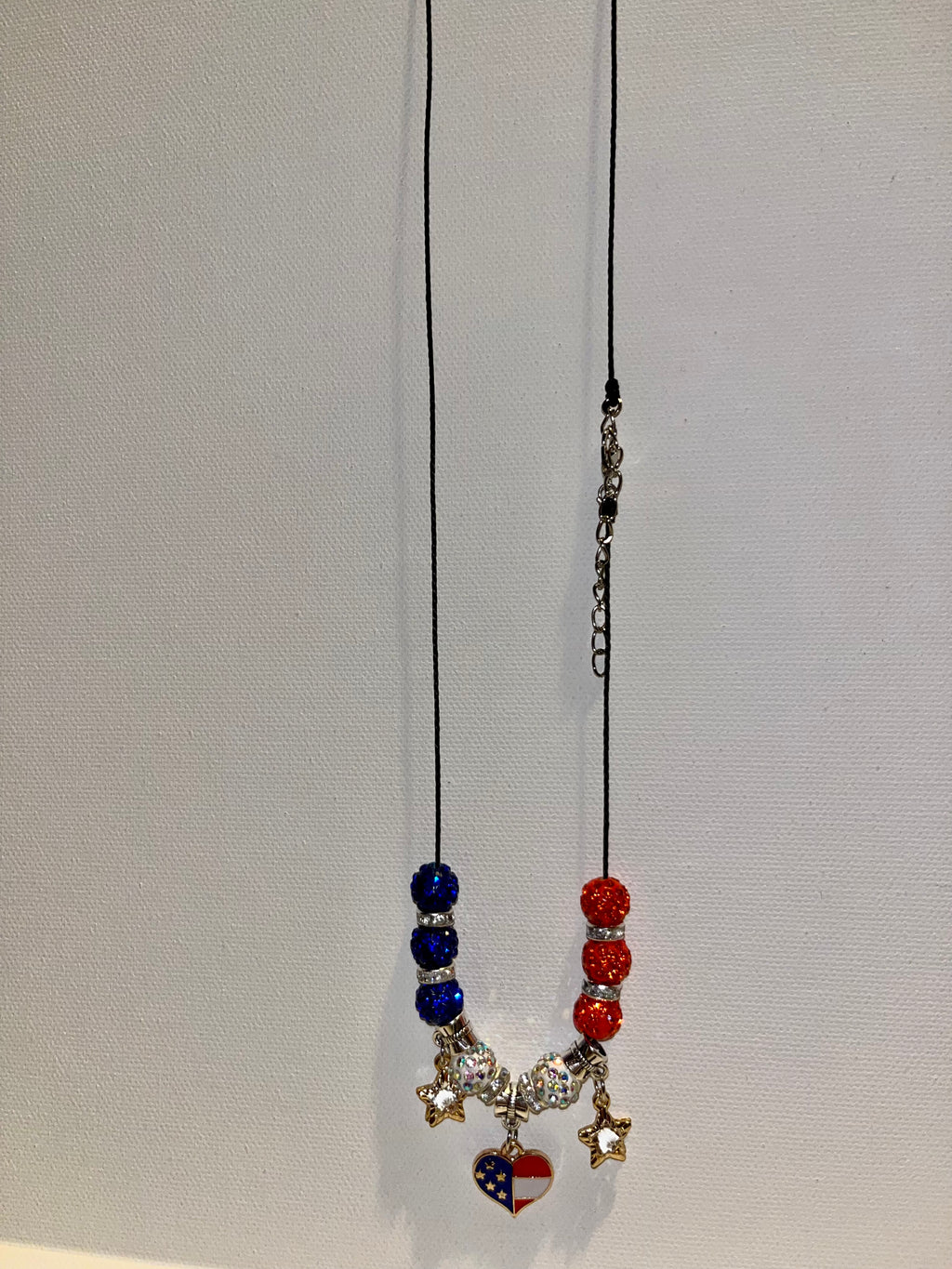 Patriotic Red, White & Blue Heart Pendant Necklace w/Star Charms & Rhinestone Accents