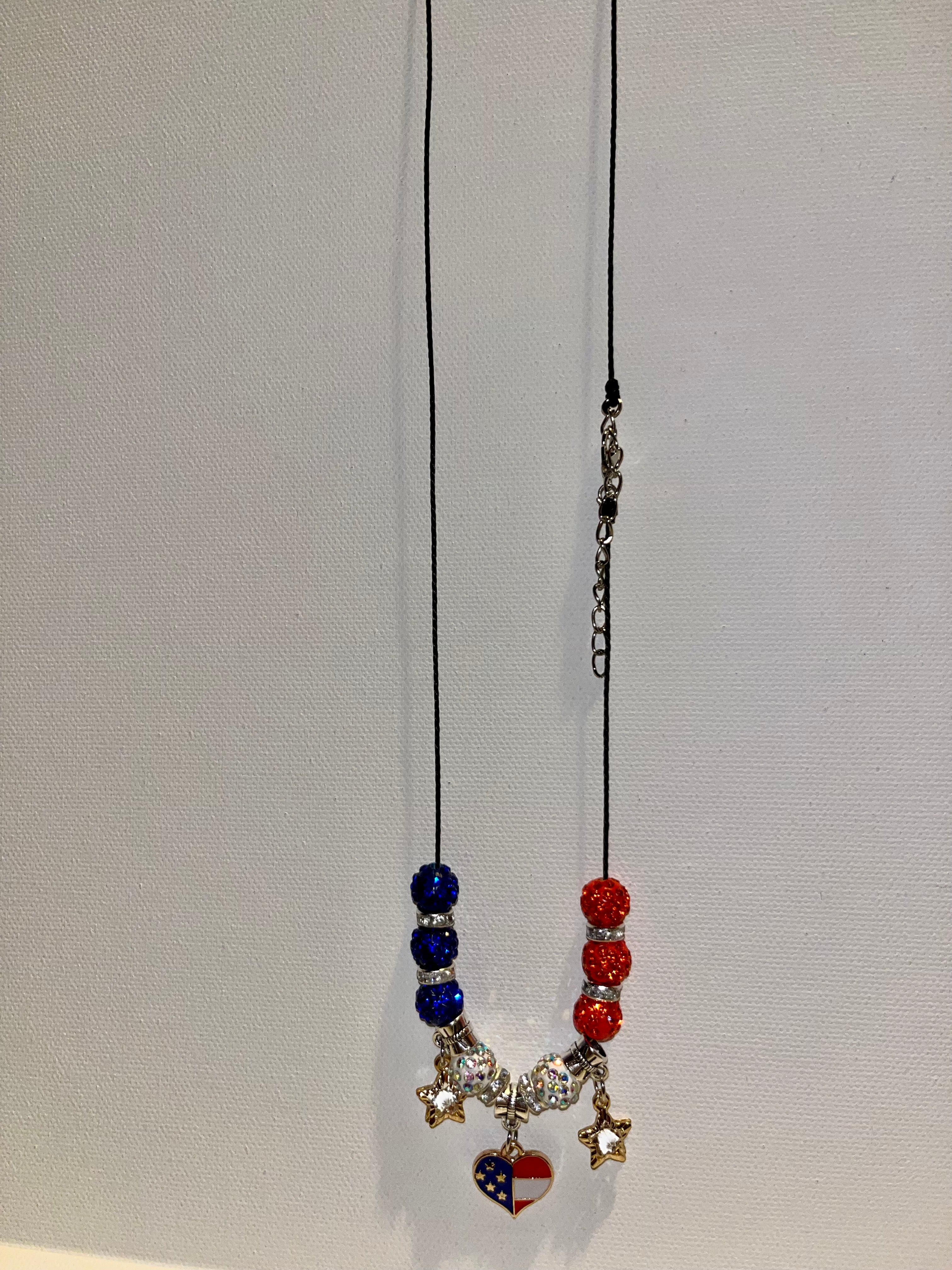 Patriotic Red, White & Blue Heart Pendant Necklace w/Star Charms & Rhinestone Accents