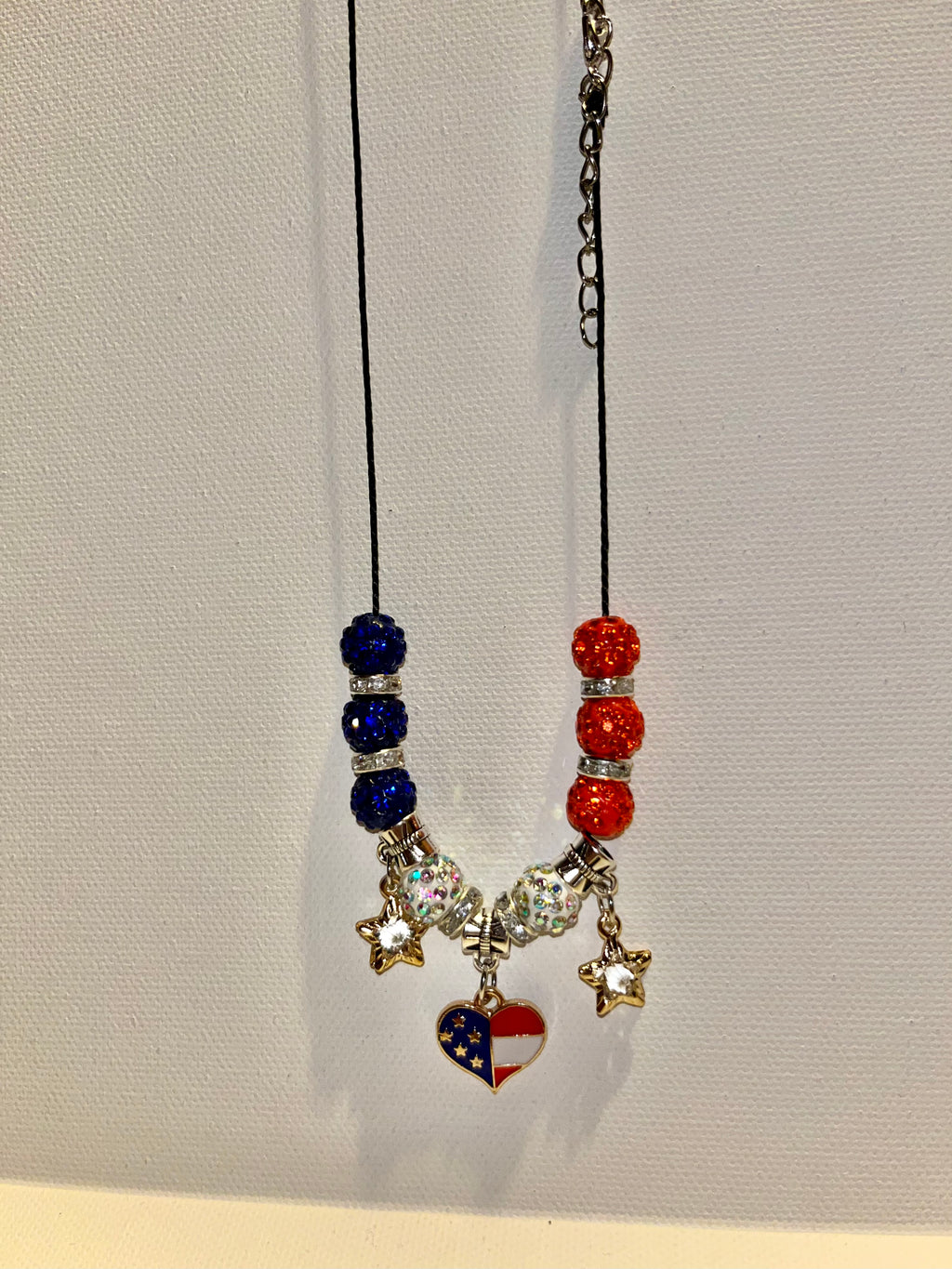 Patriotic Red, White & Blue Heart Pendant Necklace w/Star Charms & Rhinestone Accents