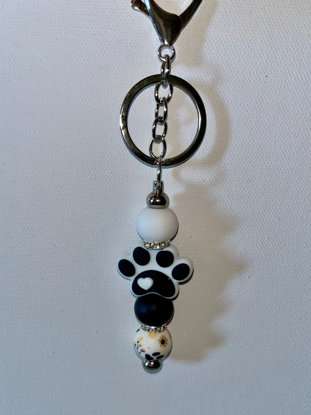 Black & White Paw Print Keychain/Card Holder w/Rhinestone Accents