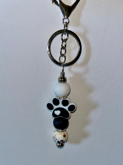 Black & White Paw Print Keychain/Card Holder w/Rhinestone Accents