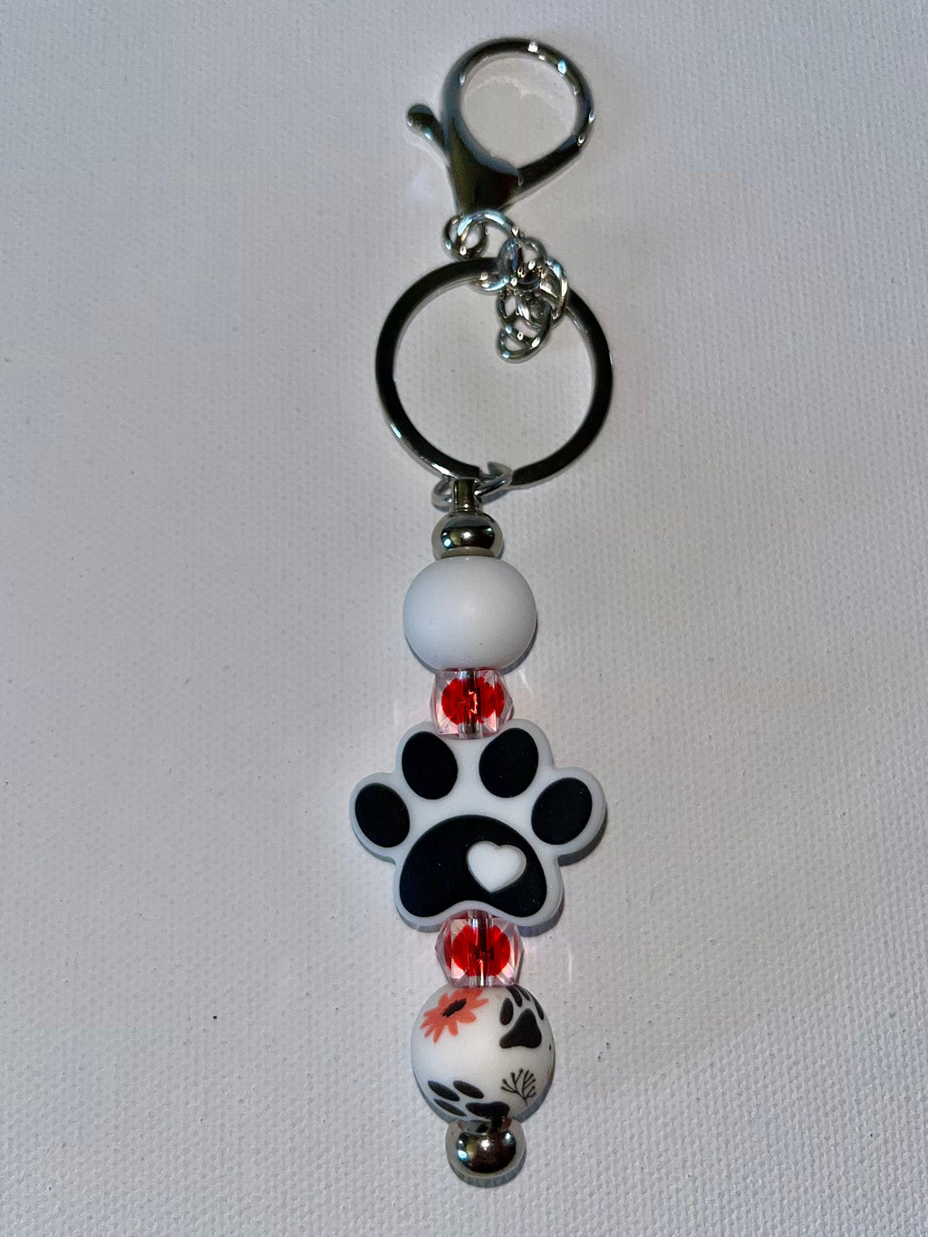 Black & White Paw Print Beaded Keychain/Card Holder w/Red & Orange Accents