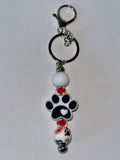 Black & White Paw Print Beaded Keychain/Card Holder w/Red & Orange Accents