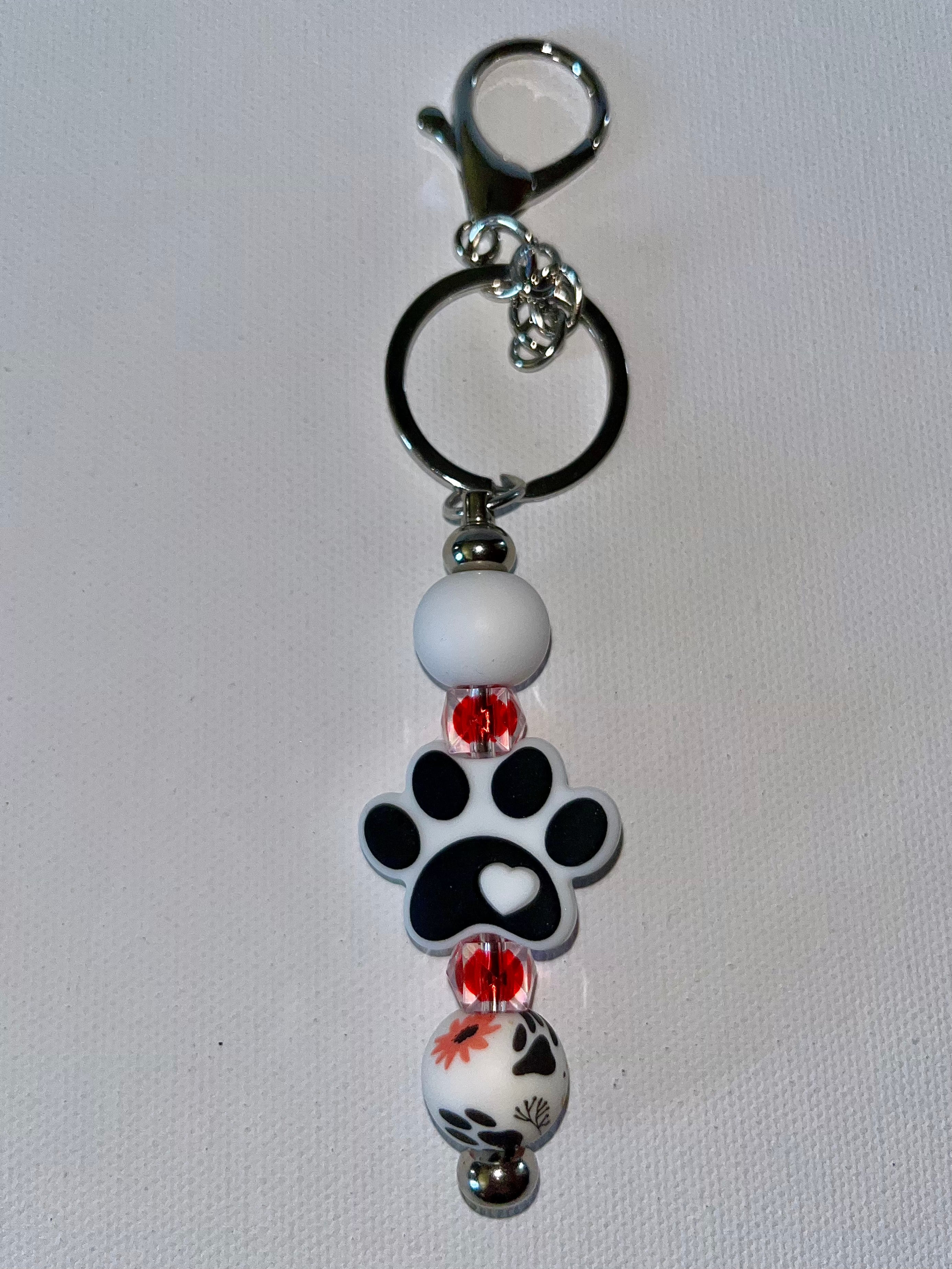 Black & White Paw Print Beaded Keychain/Card Holder w/Red & Orange Accents
