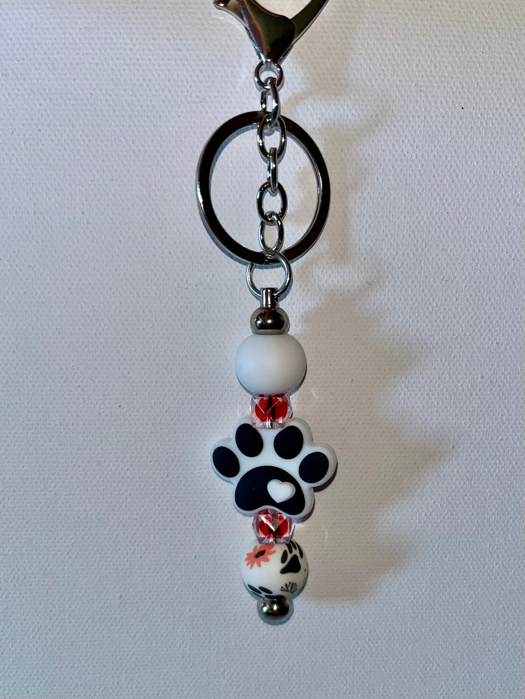 Black & White Paw Print Beaded Keychain/Card Holder w/Red & Orange Accents