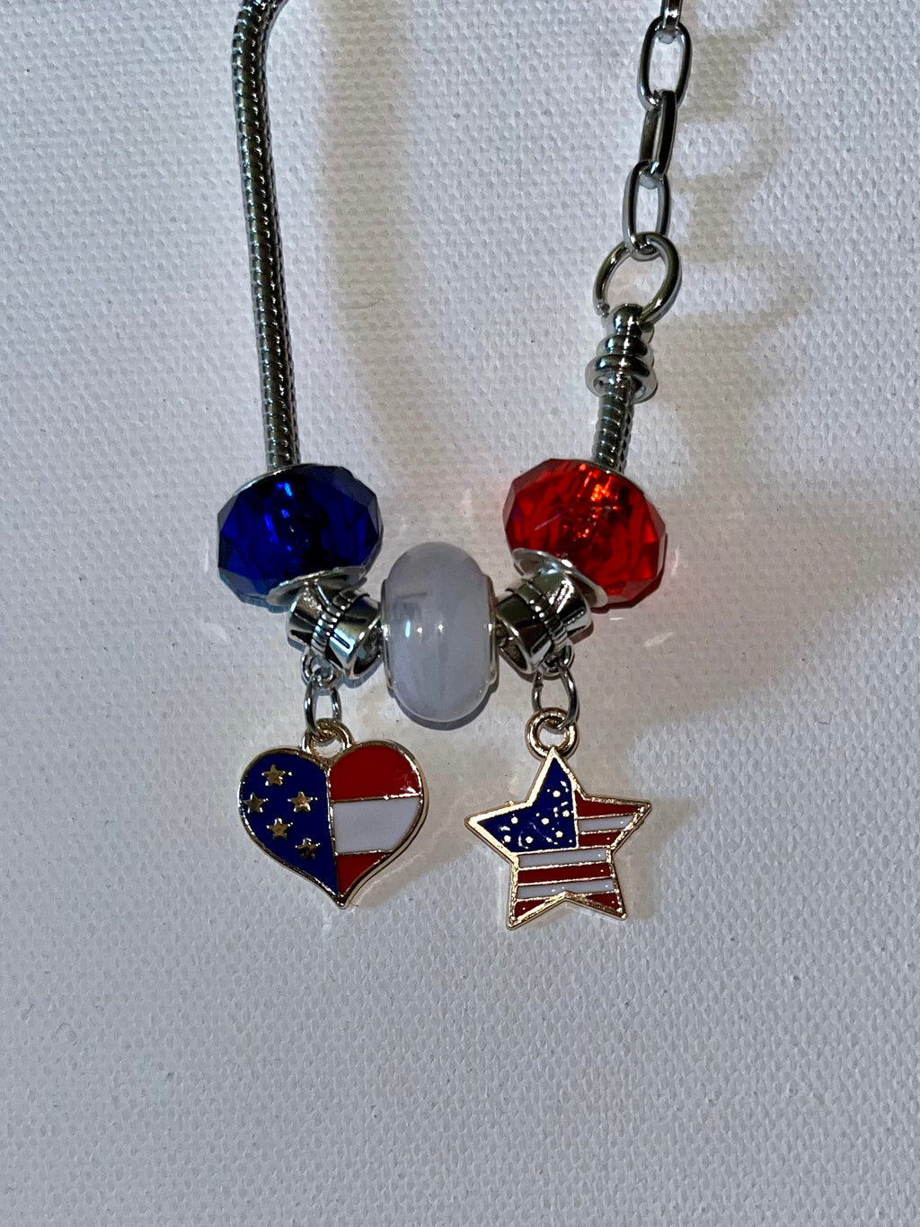 Silver Snake Chain Patriotic Red/White/Blue Charm Bracelet w/Star & Heart Charms