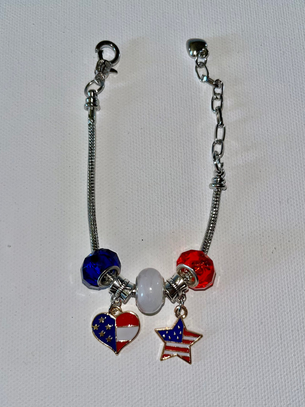 Silver Snake Chain Patriotic Red/White/Blue Charm Bracelet w/Star & Heart Charms