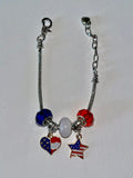 Silver Snake Chain Patriotic Red/White/Blue Charm Bracelet w/Star & Heart Charms