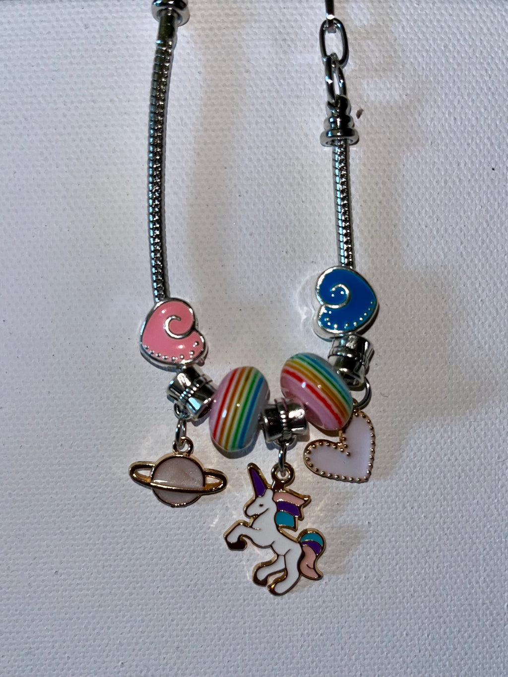 Adjustable Snake Chain Kids Unicorn & Heart charm Bracelet w/Pink & Blue Accents