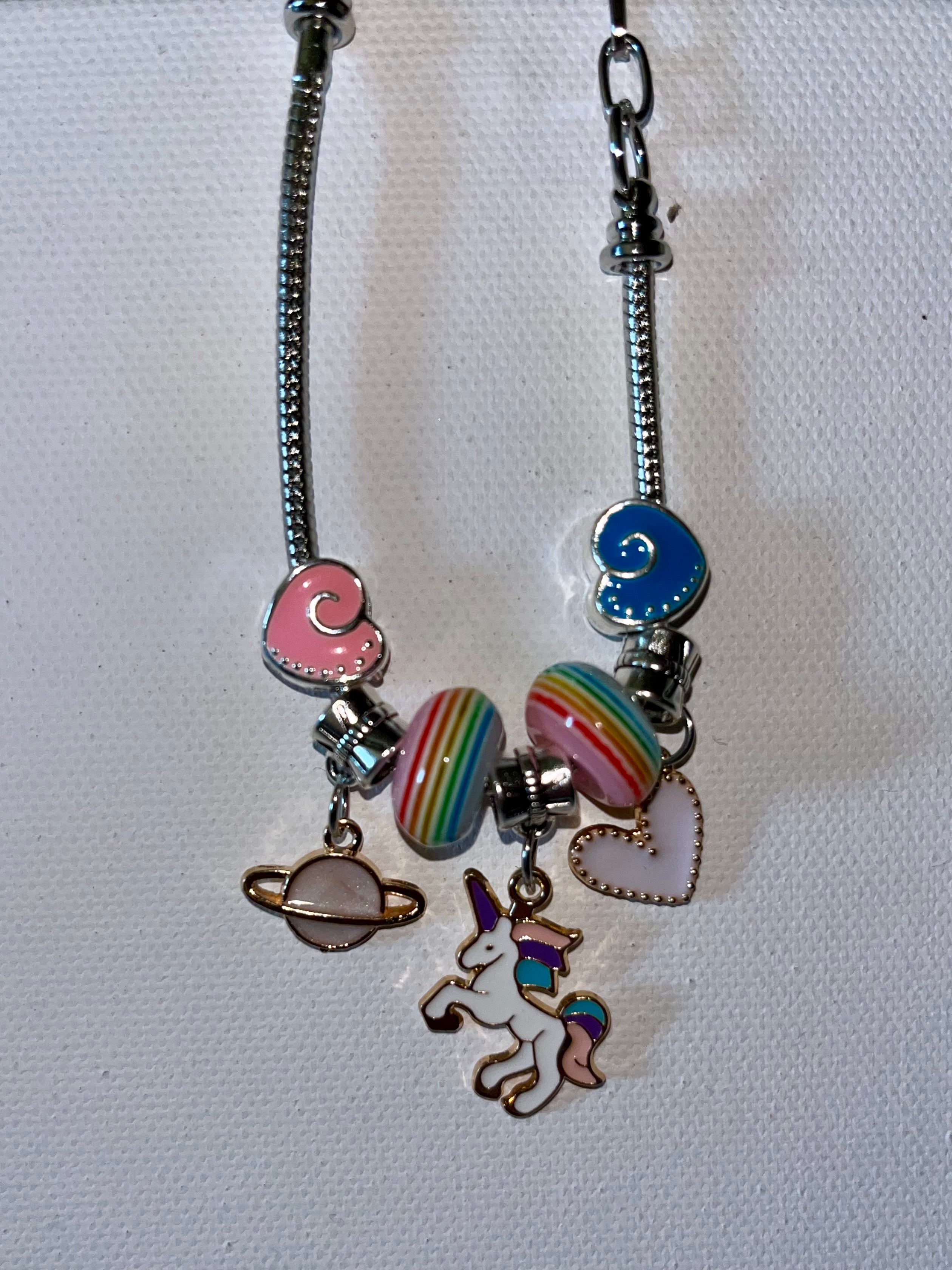 Adjustable Snake Chain Kids Unicorn & Heart charm Bracelet w/Pink & Blue Accents