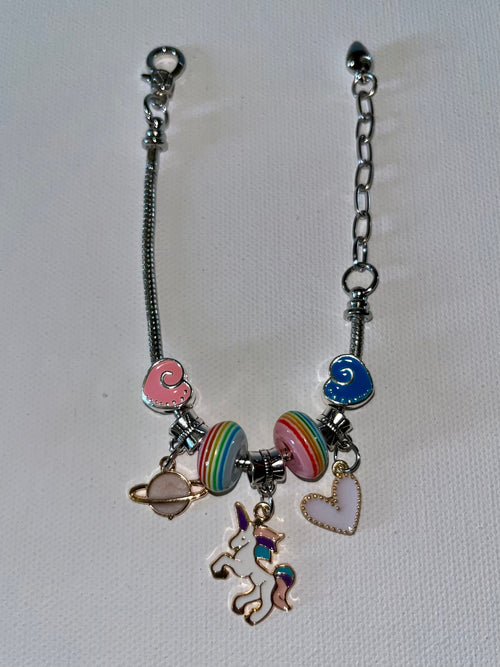 Adjustable Snake Chain Kids Unicorn & Heart charm Bracelet w/Pink & Blue Accents