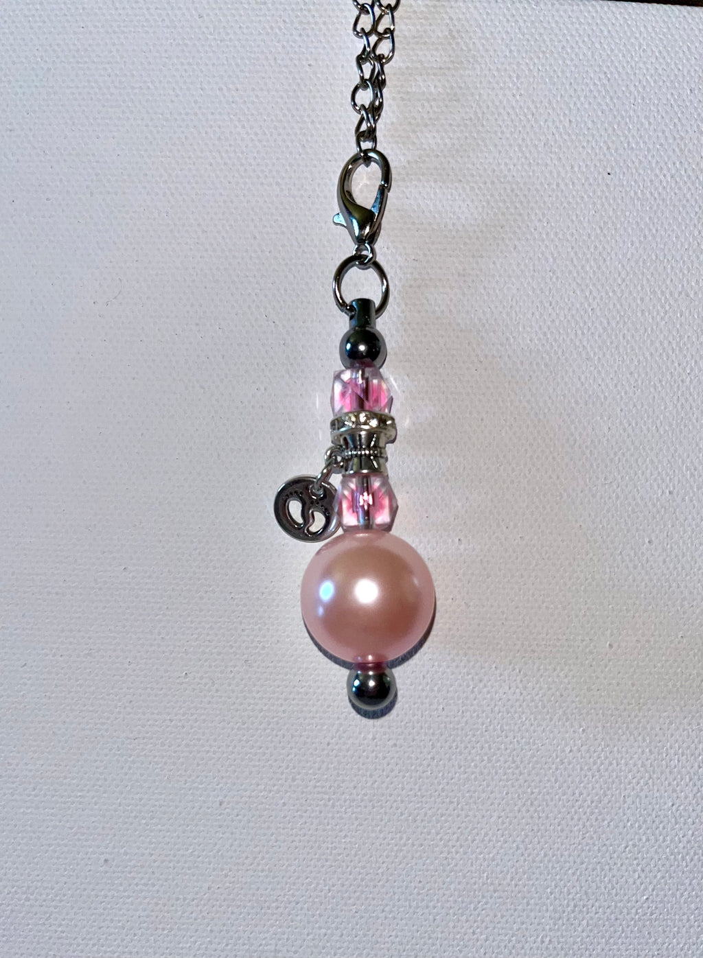 Pink/Silver Cup Charm w/Lg. Pearl Bead, Faceted Crystal Beads & Baby Feet Charm