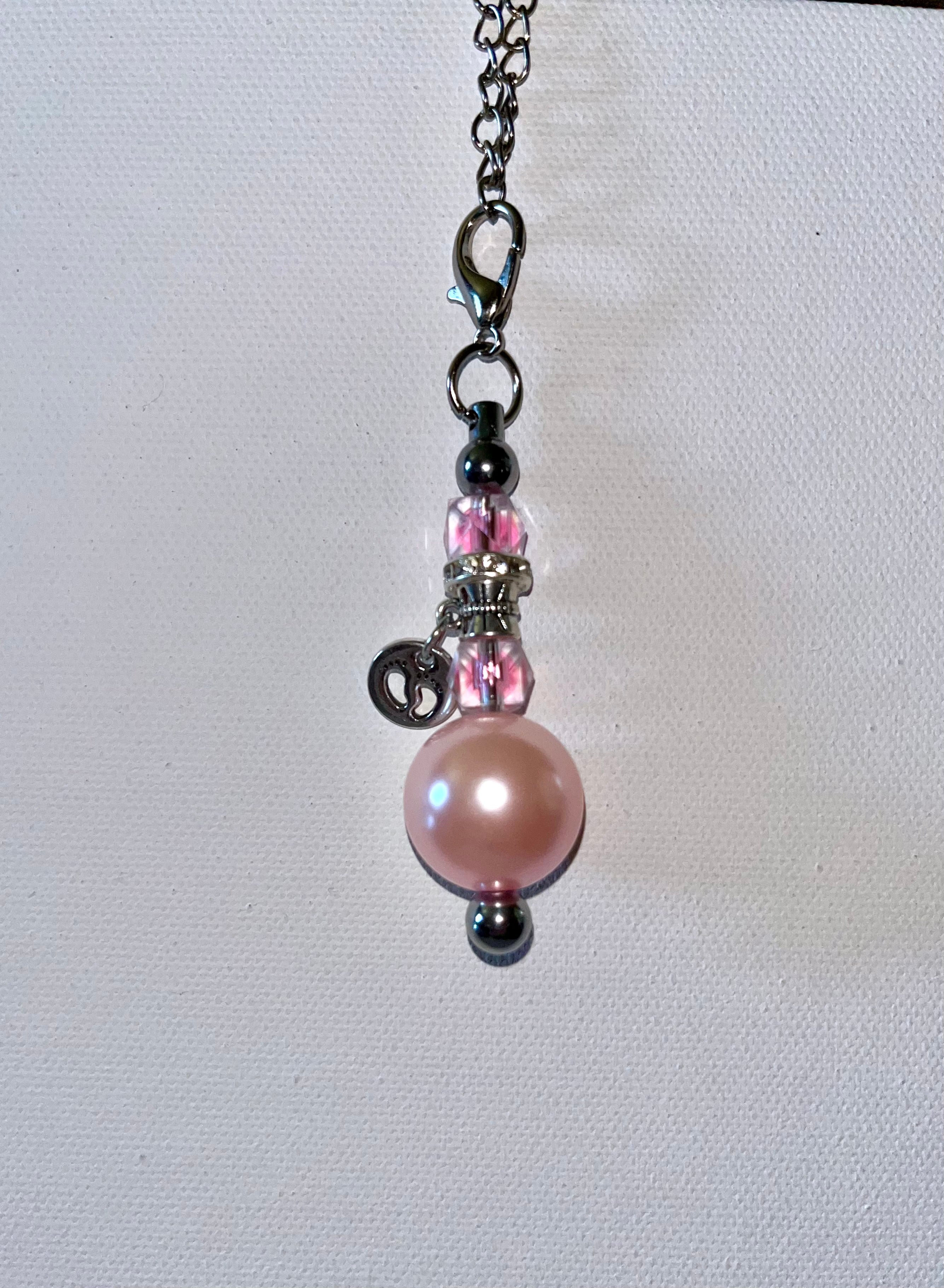 Pink/Silver Cup Charm w/Lg. Pearl Bead, Faceted Crystal Beads & Baby Feet Charm