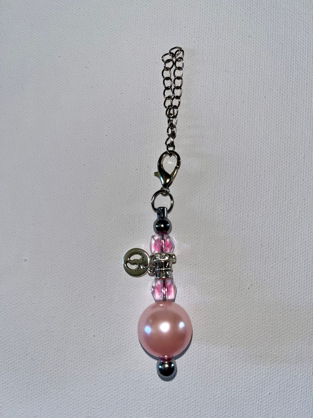 Pink/Silver Cup Charm w/Lg. Pearl Bead, Faceted Crystal Beads & Baby Feet Charm