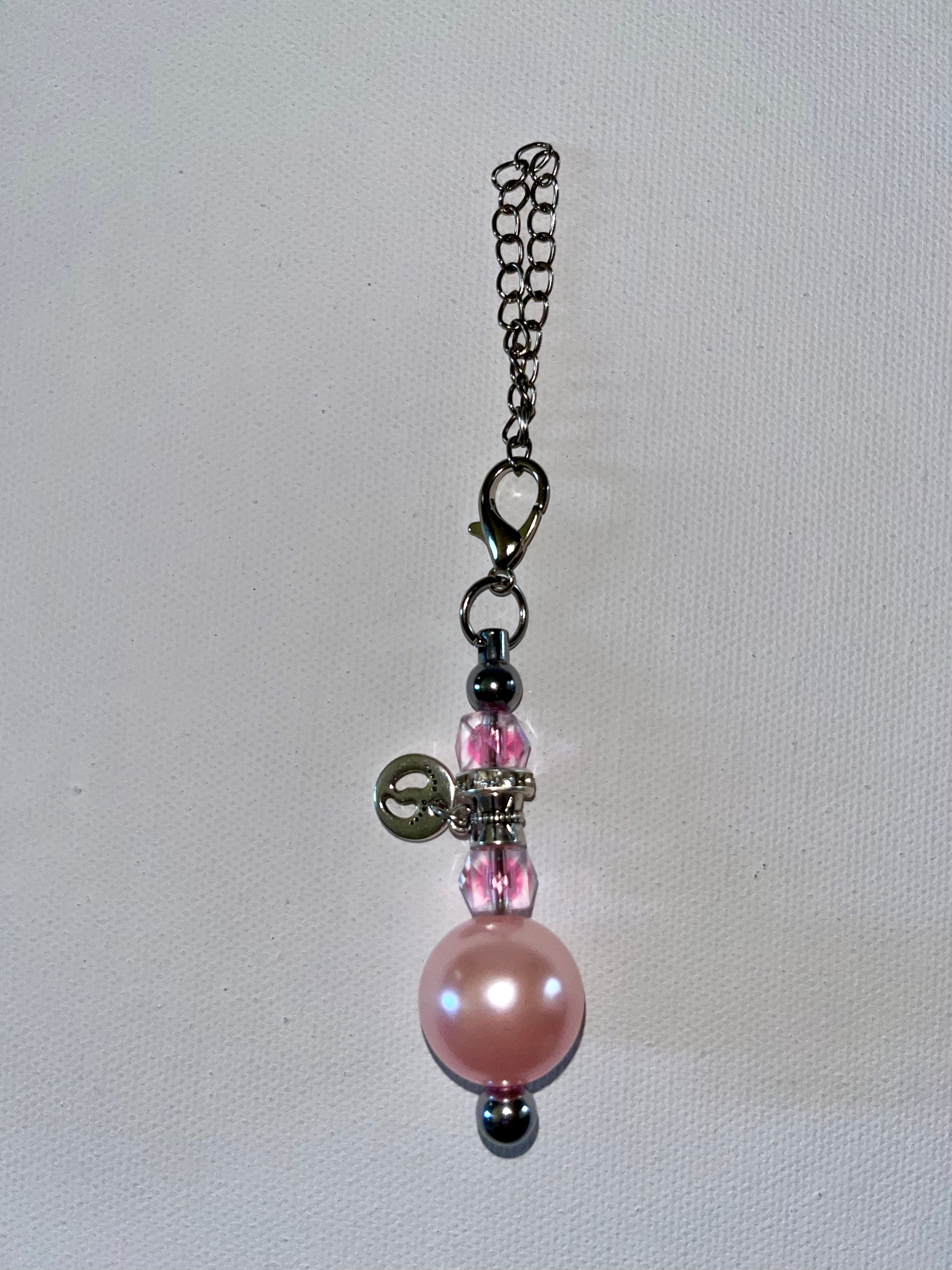 Pink/Silver Cup Charm w/Lg. Pearl Bead, Faceted Crystal Beads & Baby Feet Charm